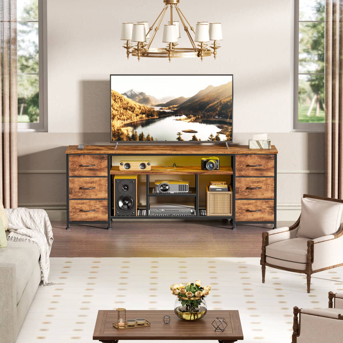 Furnulem - 63 In Modern LED TV Stand with Power Outlets 6 Drawer Entertainment Center Media Console with Storage for Living Room - Brown price history on PriceWatchPro