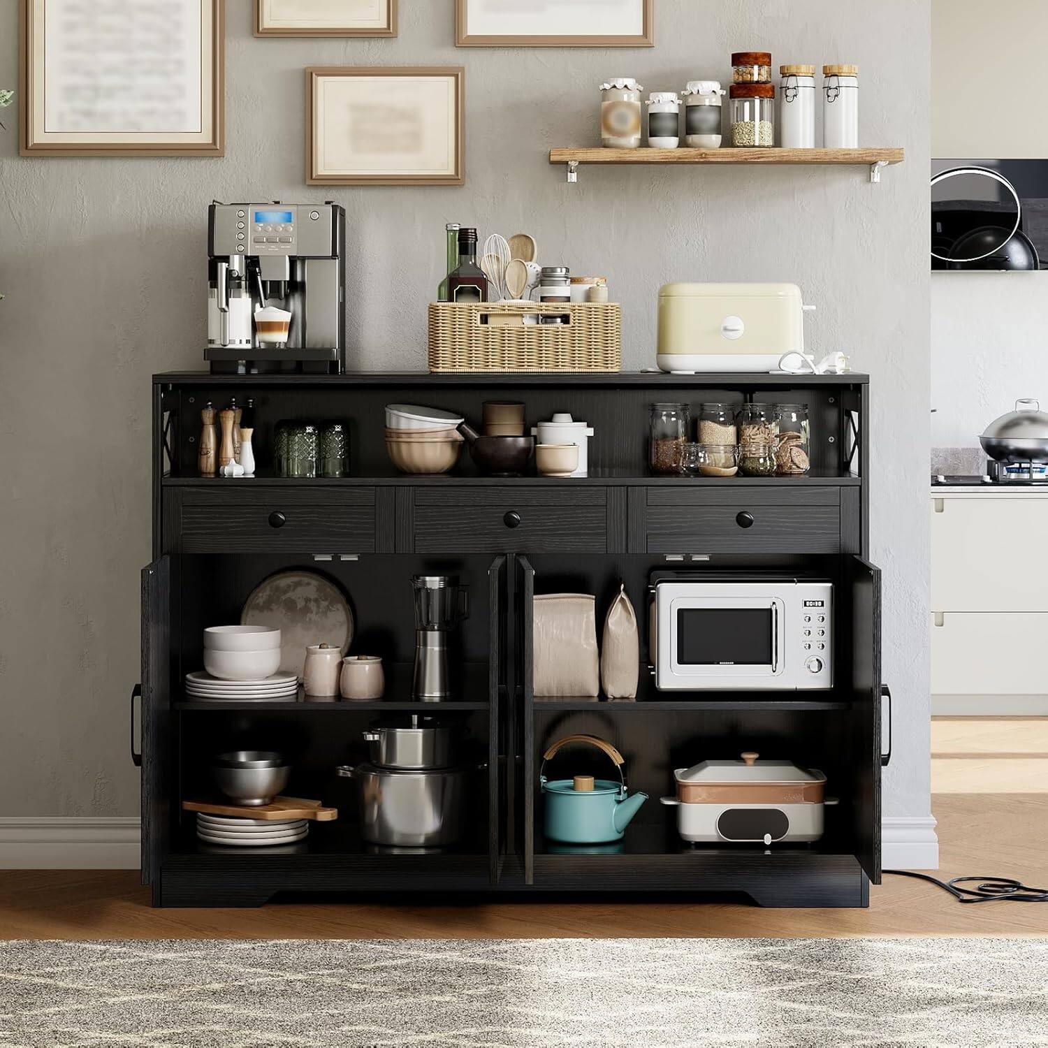 Alt View 4. Babevy - Farmhouse Black Sideboard Buffet Cabinet with Storage Shelf and Built-in Charging Station - Black.