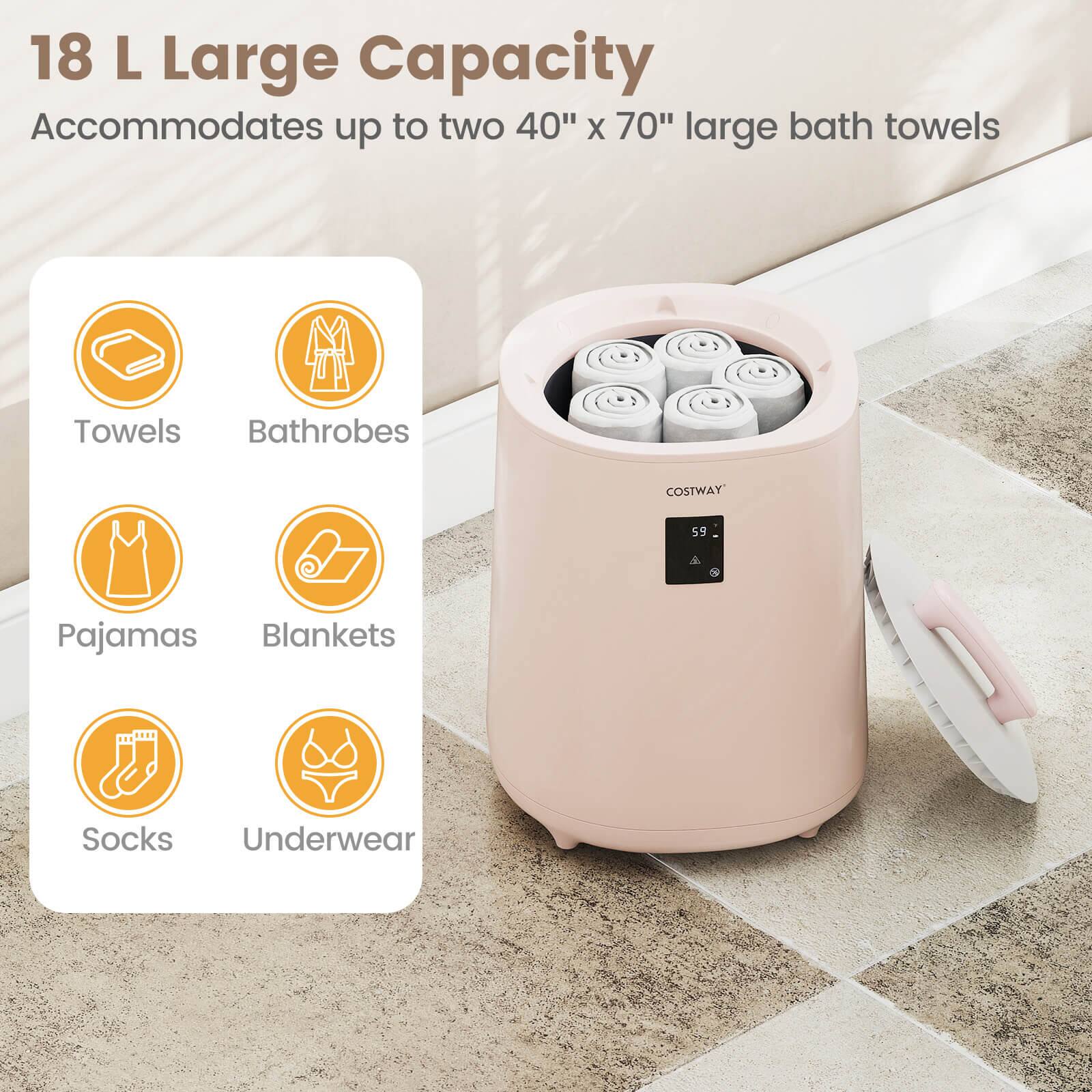 18 L Large Capacity  
Accommodates up to two 40" x 70" large bath towels  

- Towels  
- Bathrobes  
- Pajamas  
- Blankets  
- Socks  
- Underwear