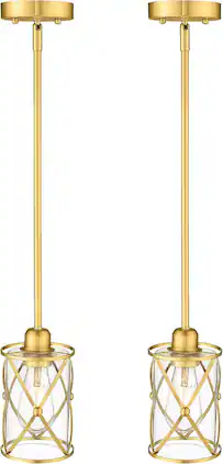 FINEAK - 2-Pack Brushed Gold Brass Glass Pendant Lights - Farmhouse Caged Hanging Fixtures with Rod - Gold;Clear