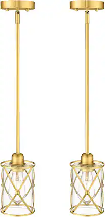 Front. FINEAK - 2-Pack Brushed Gold Brass Glass Pendant Lights - Farmhouse Caged Hanging Fixtures with Rod - Gold;Clear.