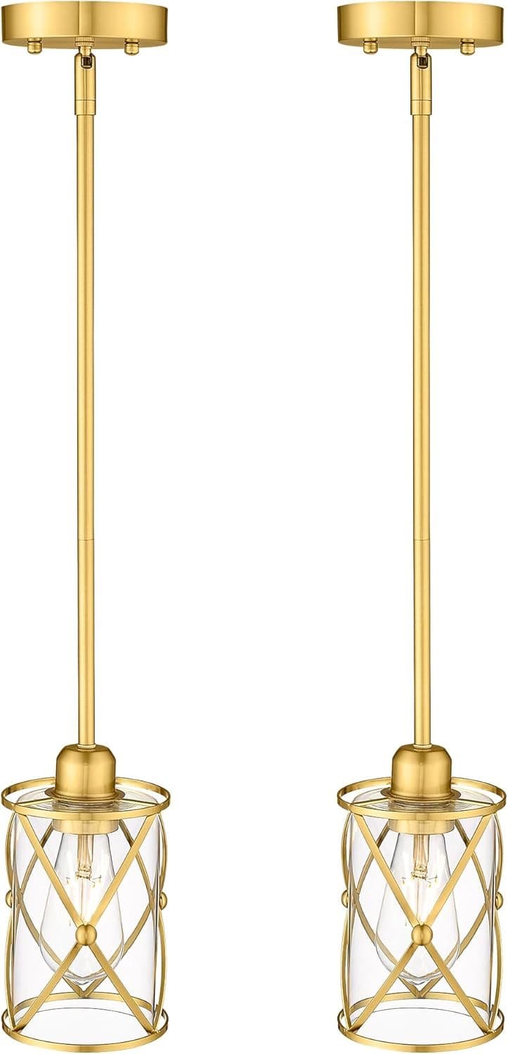 Front. FINEAK - 2-Pack Brushed Gold Brass Glass Pendant Lights - Farmhouse Caged Hanging Fixtures with Rod - Gold;Clear.