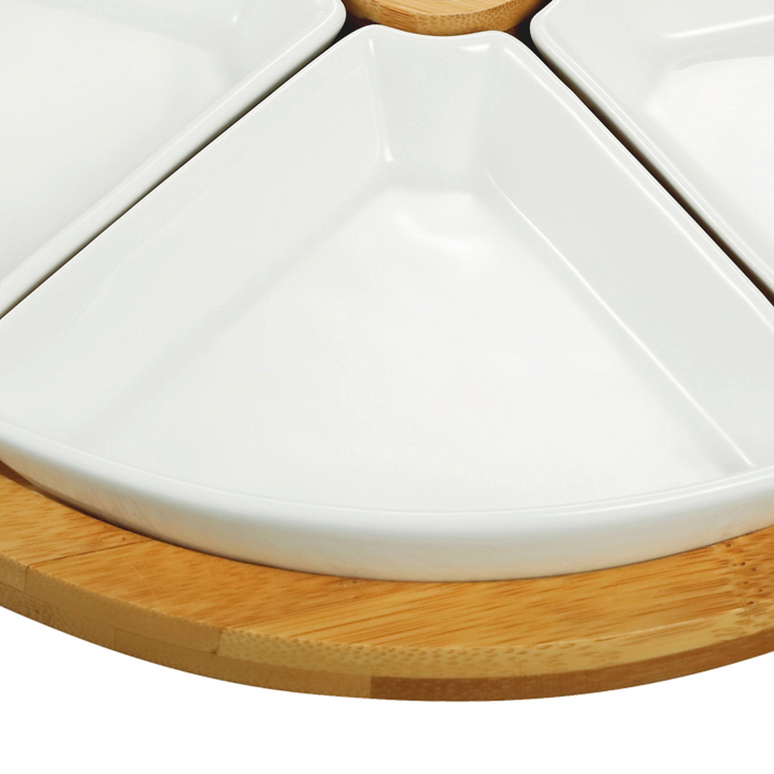 Back. Elama - Elama Signature 7 Piece Appetizer Serving Set with 5 Serving Dishes, Center Tooth Pick Holder and Bamboo Serving Tray - Brown.