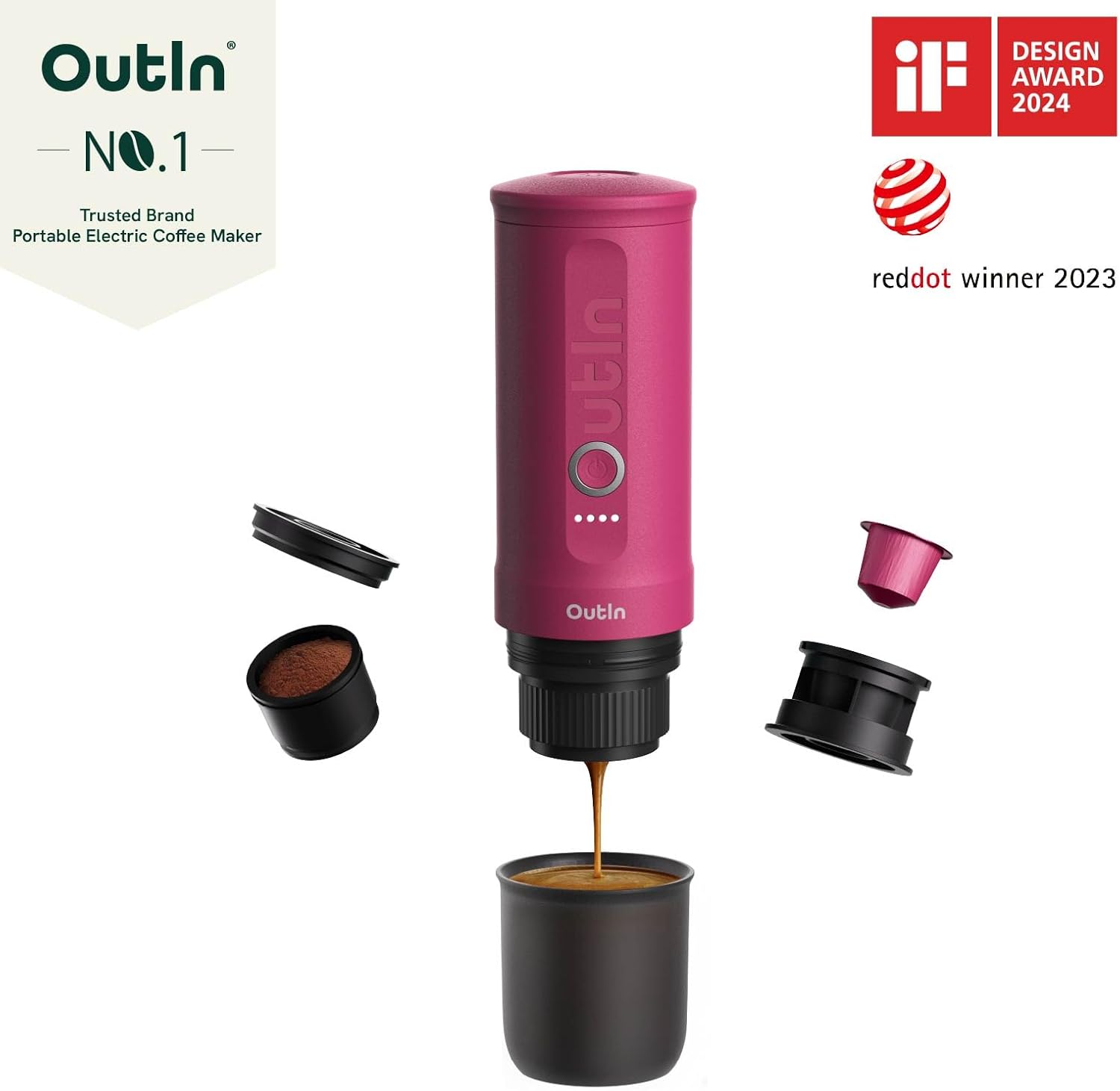 Outln  
NO.1  
Trusted Brand  
Portable Electric Coffee Maker  

DESIGN AWARD 2024  

reddot winner 2023