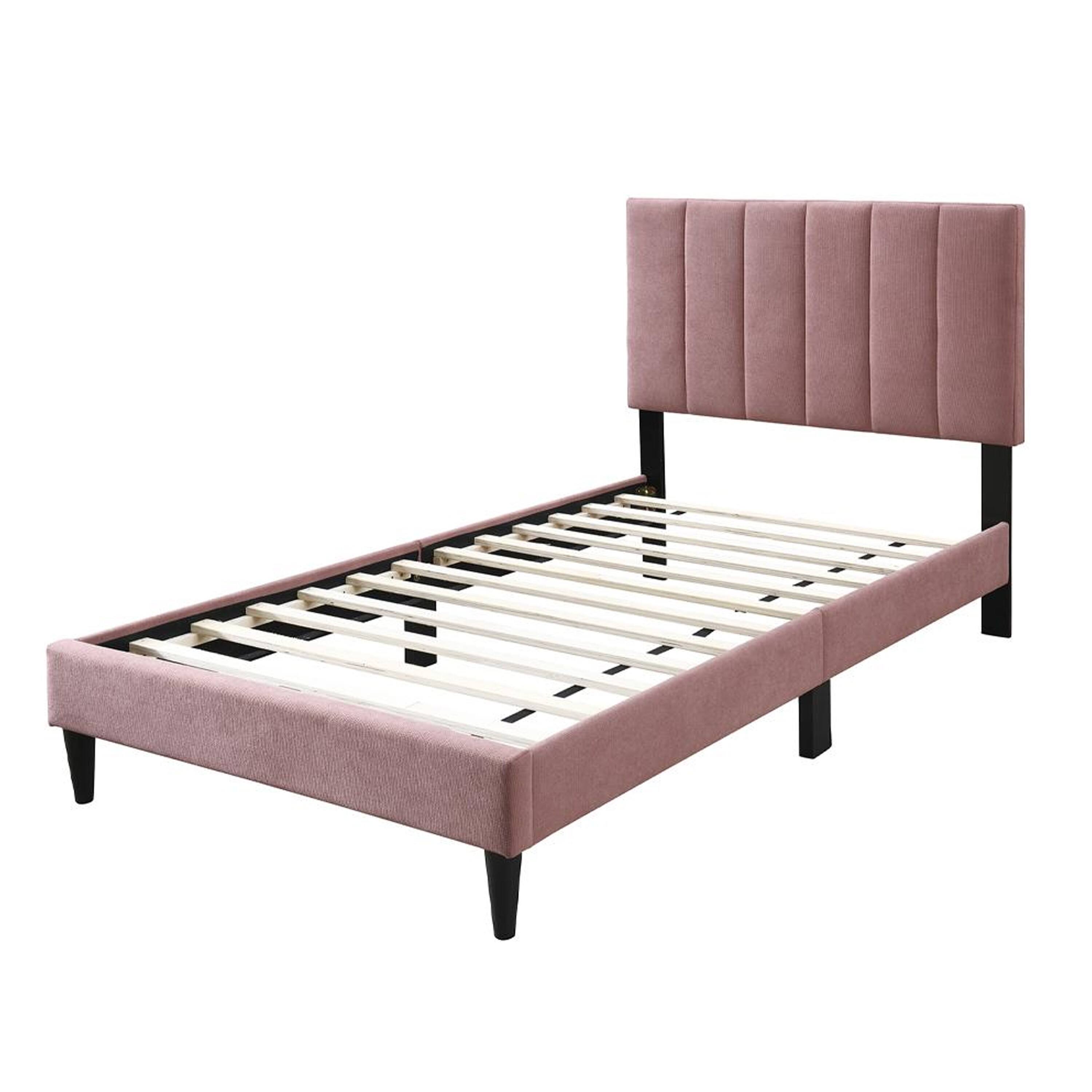 Angle. Manhattan Lane - Lilian Full Size Bed, Blush Pink Linen Upholstery, Channel Tufted - Pink, Black.