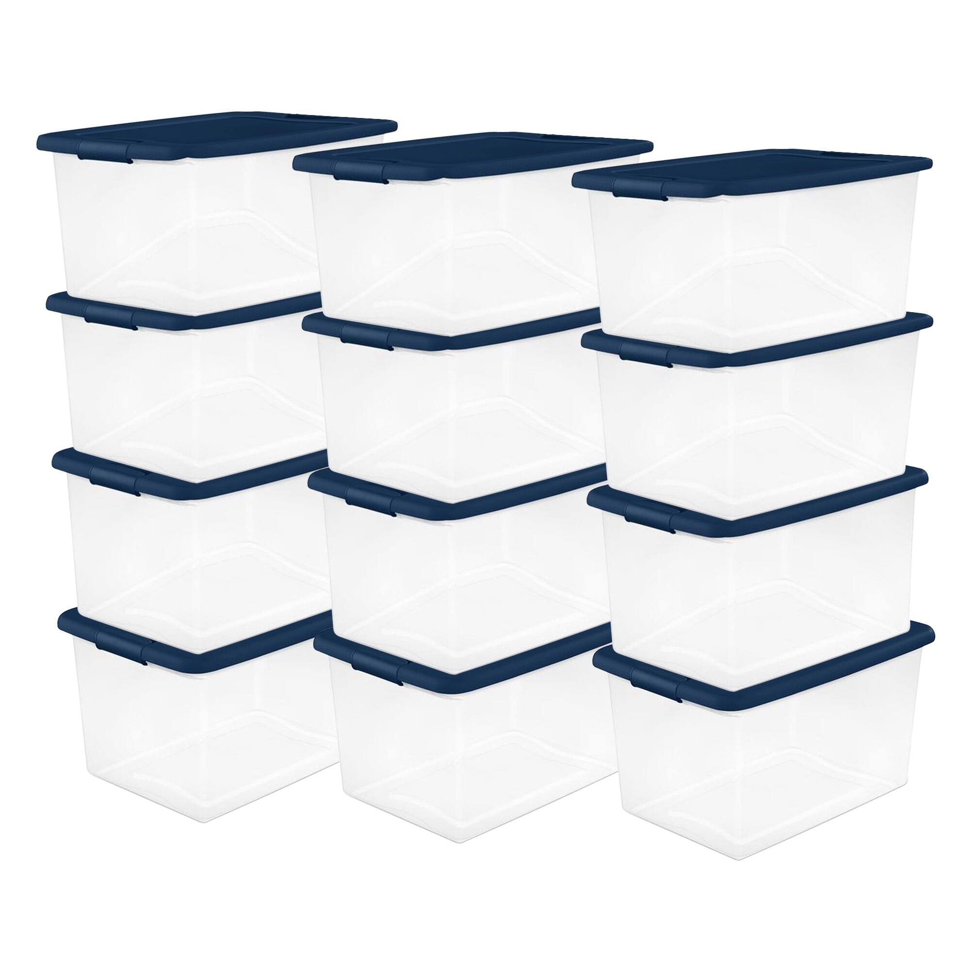 Front. Sterilite - Sterilite 64 Quart Latching Plastic Storage Container Tote, Marine Blue, 12 Pack - Blue.