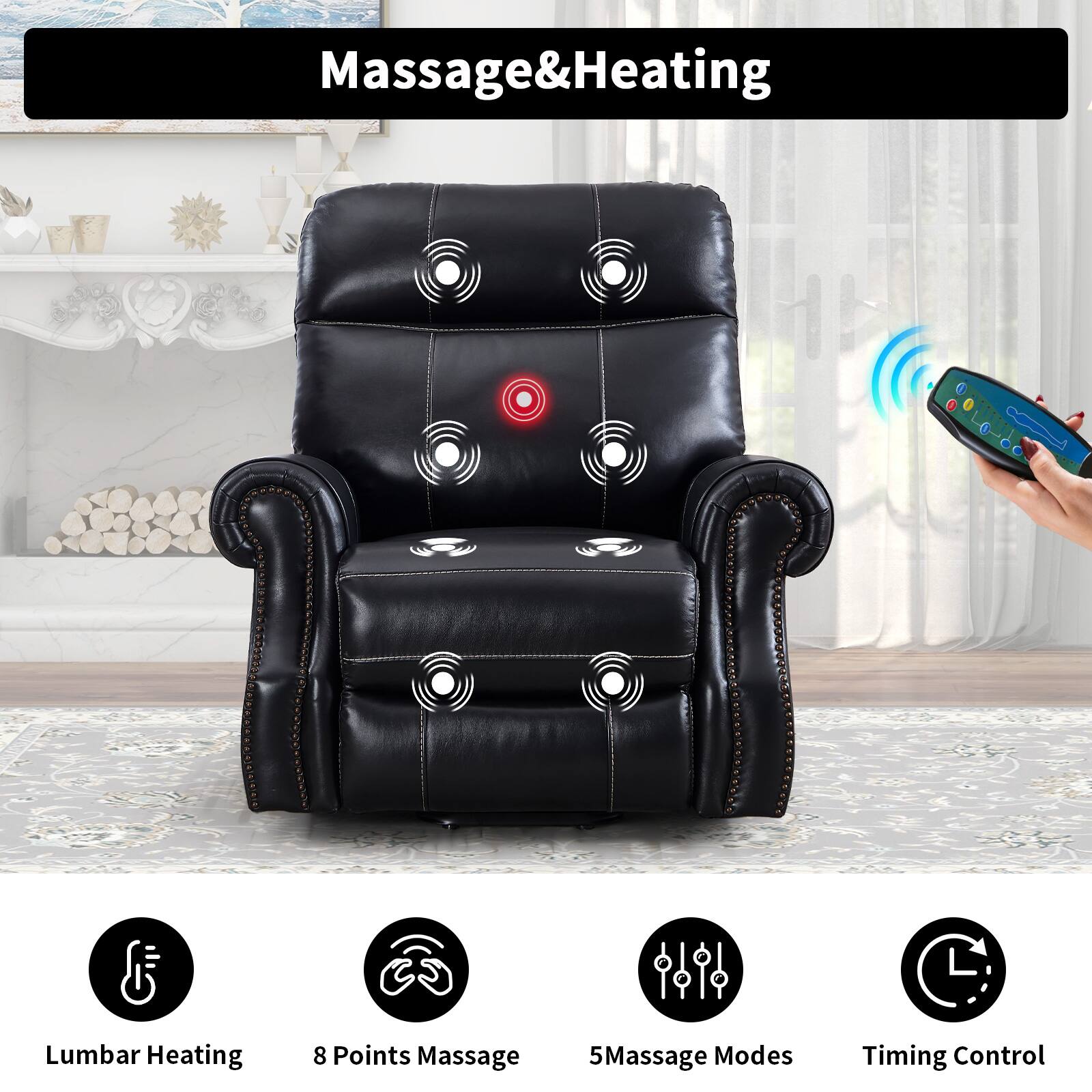 Massage & Heating

Lumbar Heating  
8 Points Massage  
5 Massage Modes  
Timing Control