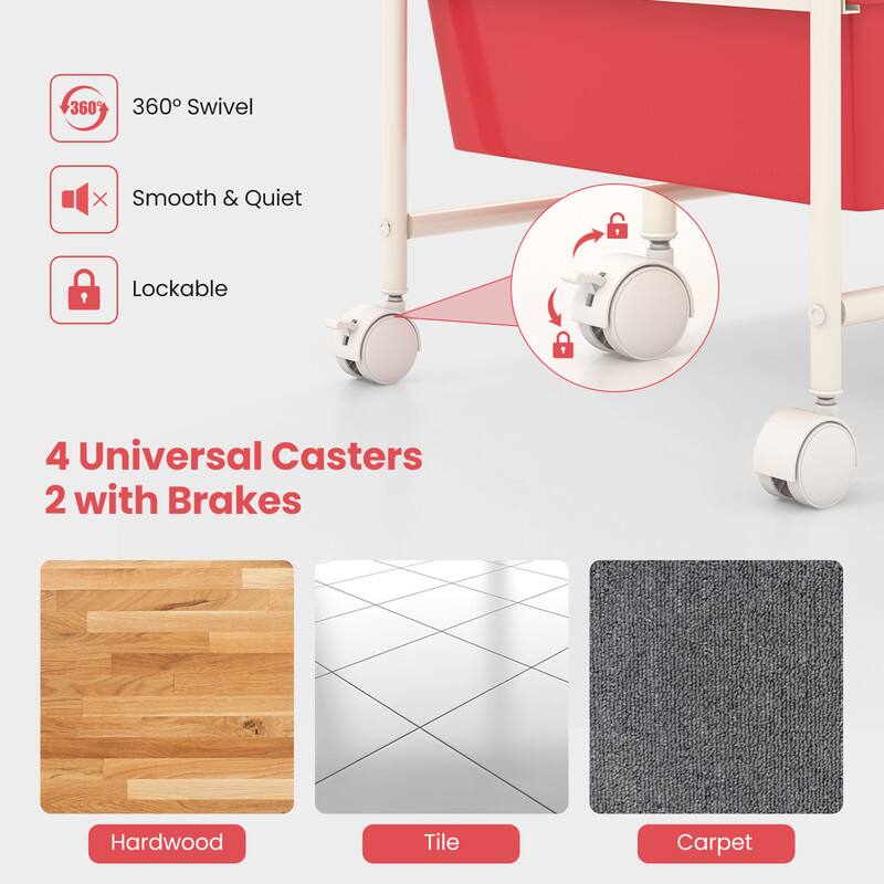360° Swivel  
Smooth & Quiet  
Lockable  
4 Universal Casters  
2 with Brakes  
Hardwood, Tile, Carpet