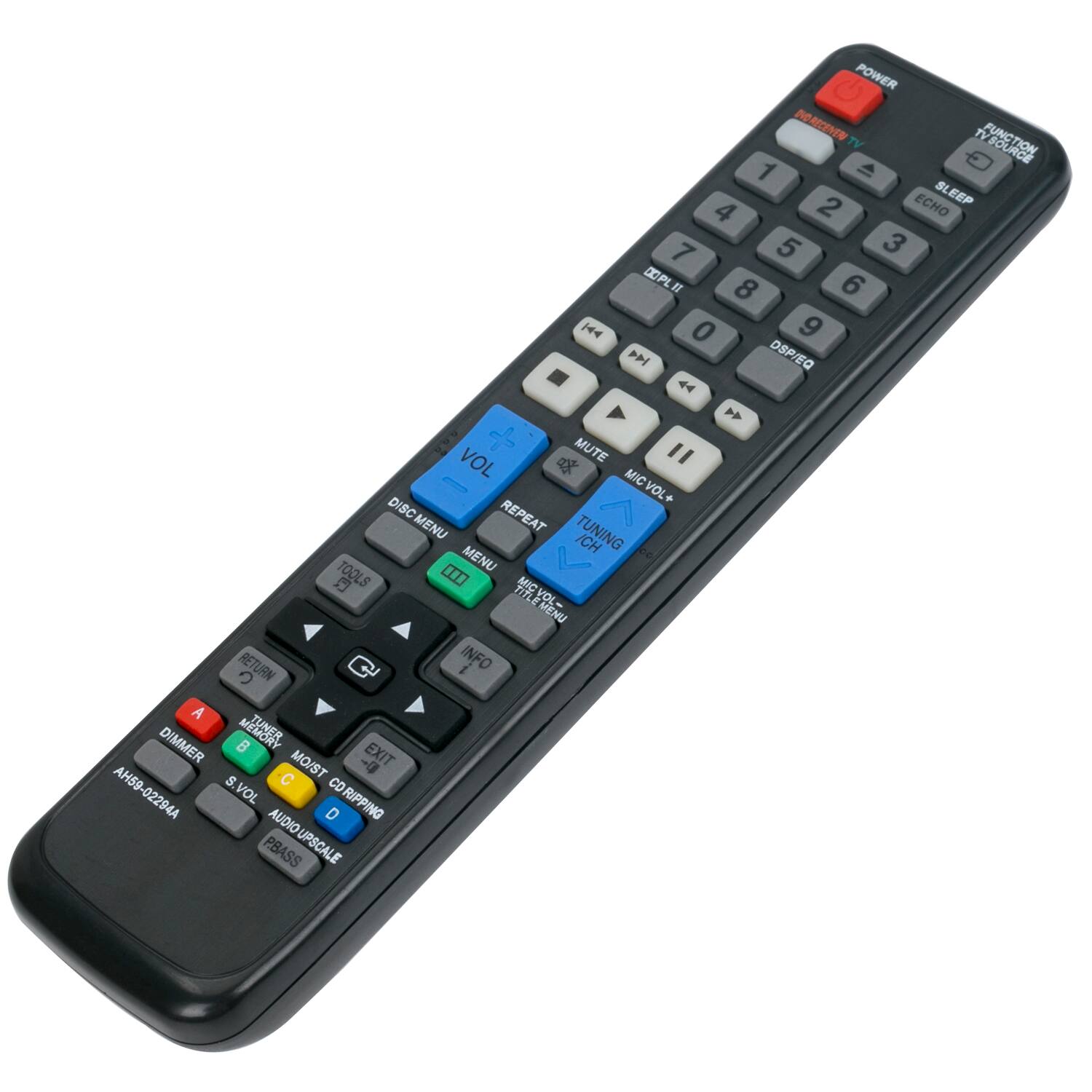 POWER PRESET TV TV FUNCTION 1 2 ECHO SLEEP 4 7 5 3 DPL II 8 6 0 9 DSP/EQ 144 0 VOL MUTE " MIC VOL+ MIC DISC REPEAT MENU TUNING ICH TOOLS MENU MIC VOLUME MENU TITLE VOL MENU RETURN INFO A TUNER DIMMER B MO/ST +9 EXIT AHS9 S VOL C CO 02294A D RIPPING PBASS AUDIOUPSCALE