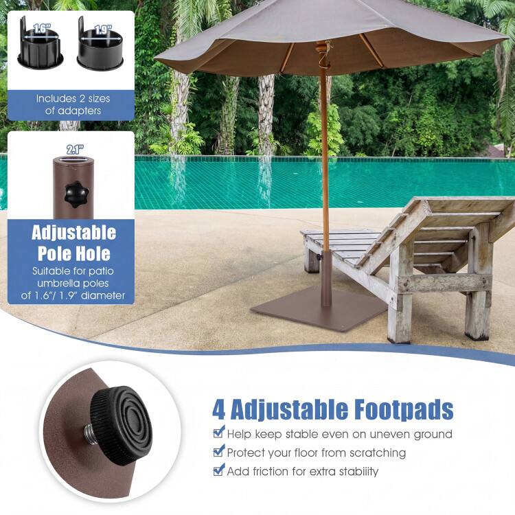 1.6" 1.9" Includes 2 sizes of adapters 2.1" Adjustable Pole Hole Suitable for patio umbrella poles of 1.6" / 1.9" diameter 4 Adjustable Footpads Help keep stable even on uneven ground Protect your floor from scratching Add friction for extra stability