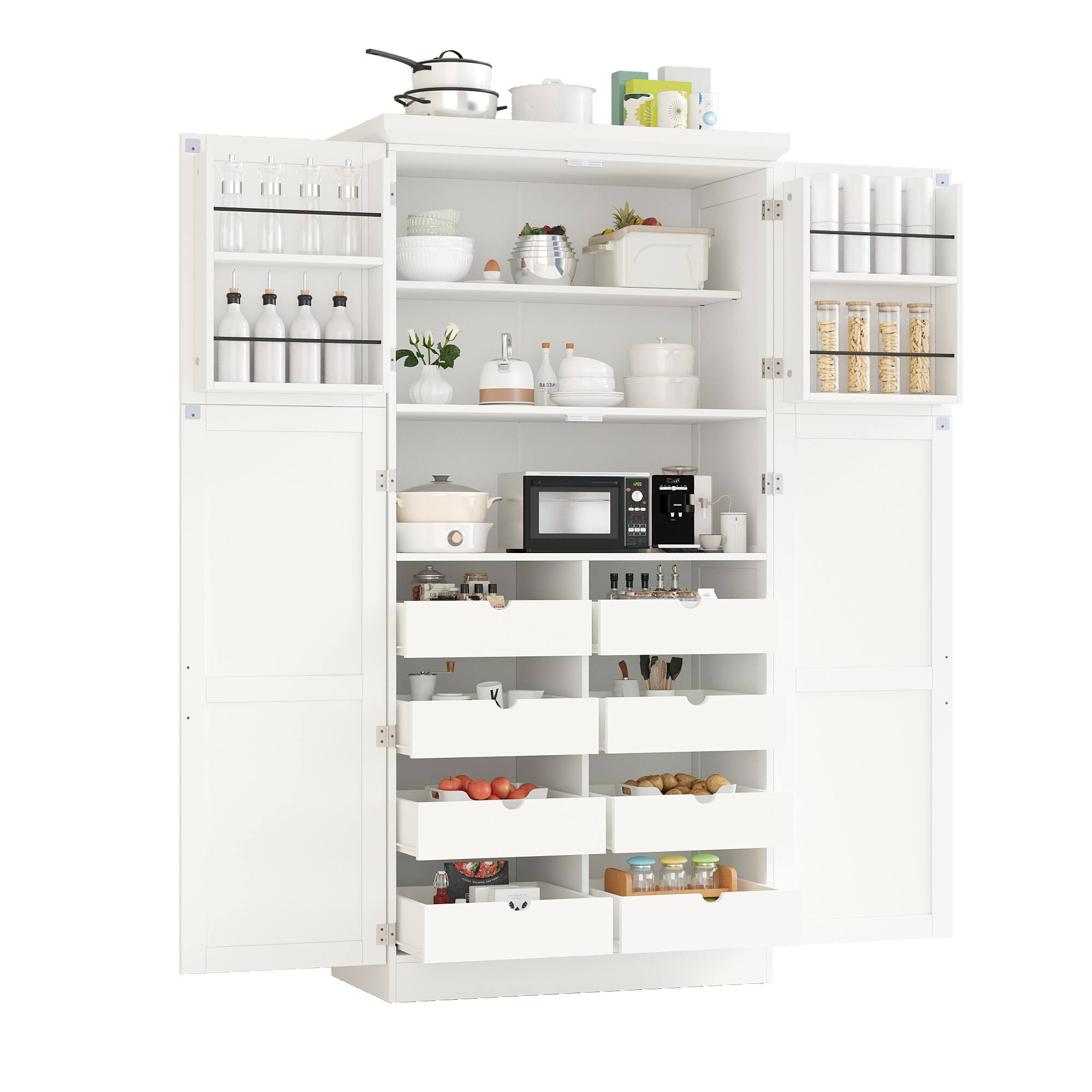 Alt View 3. Forest'nSky - 70.9" Freestanding Pantry Cabinet, 35.5" Wide with 8 Pull-Out Trays & Door Shelves for Dining Room, White - White.