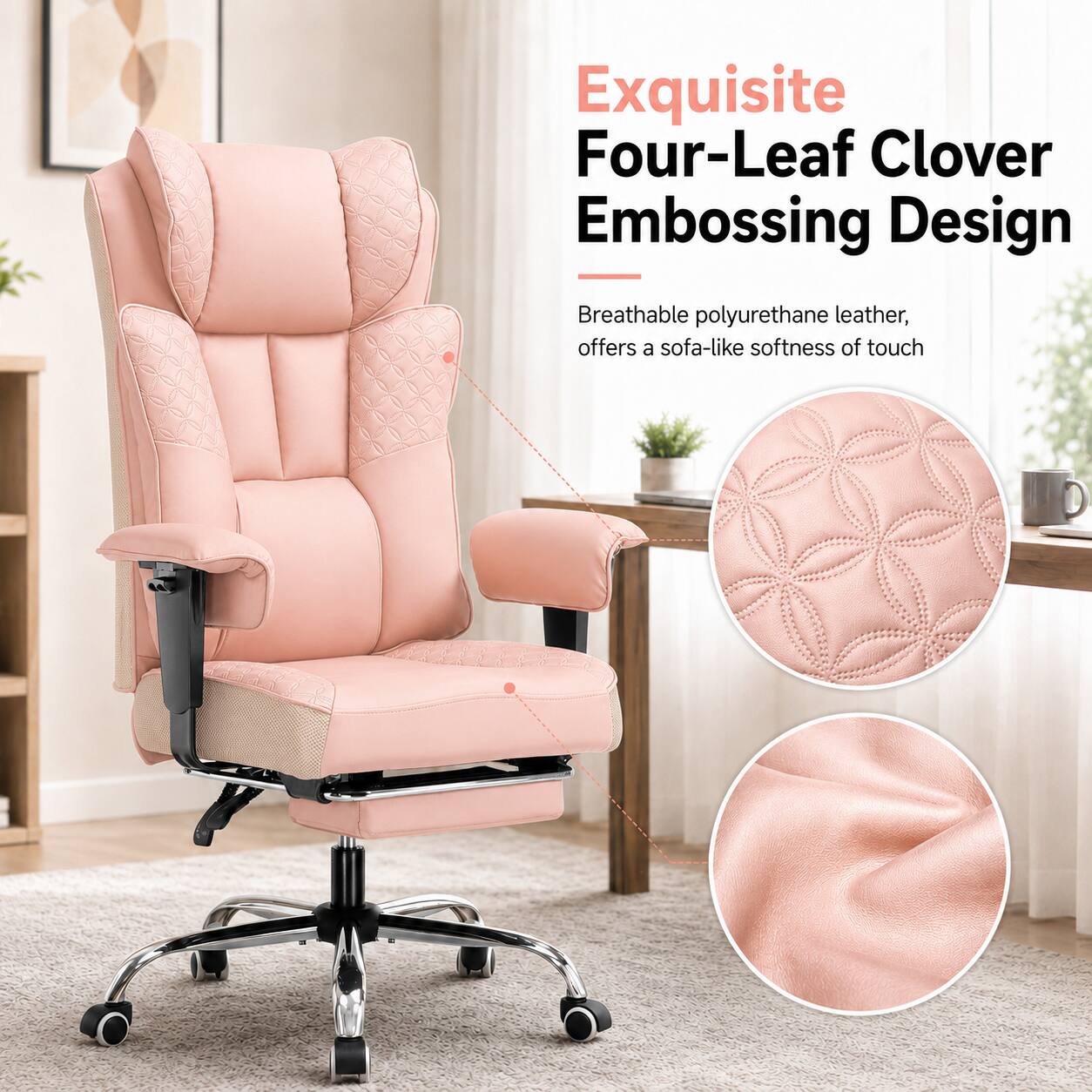 Exquisite Four-Leaf Clover Embossing Design

Breathable polyurethane leather, offers a sofa-like softness of touch
