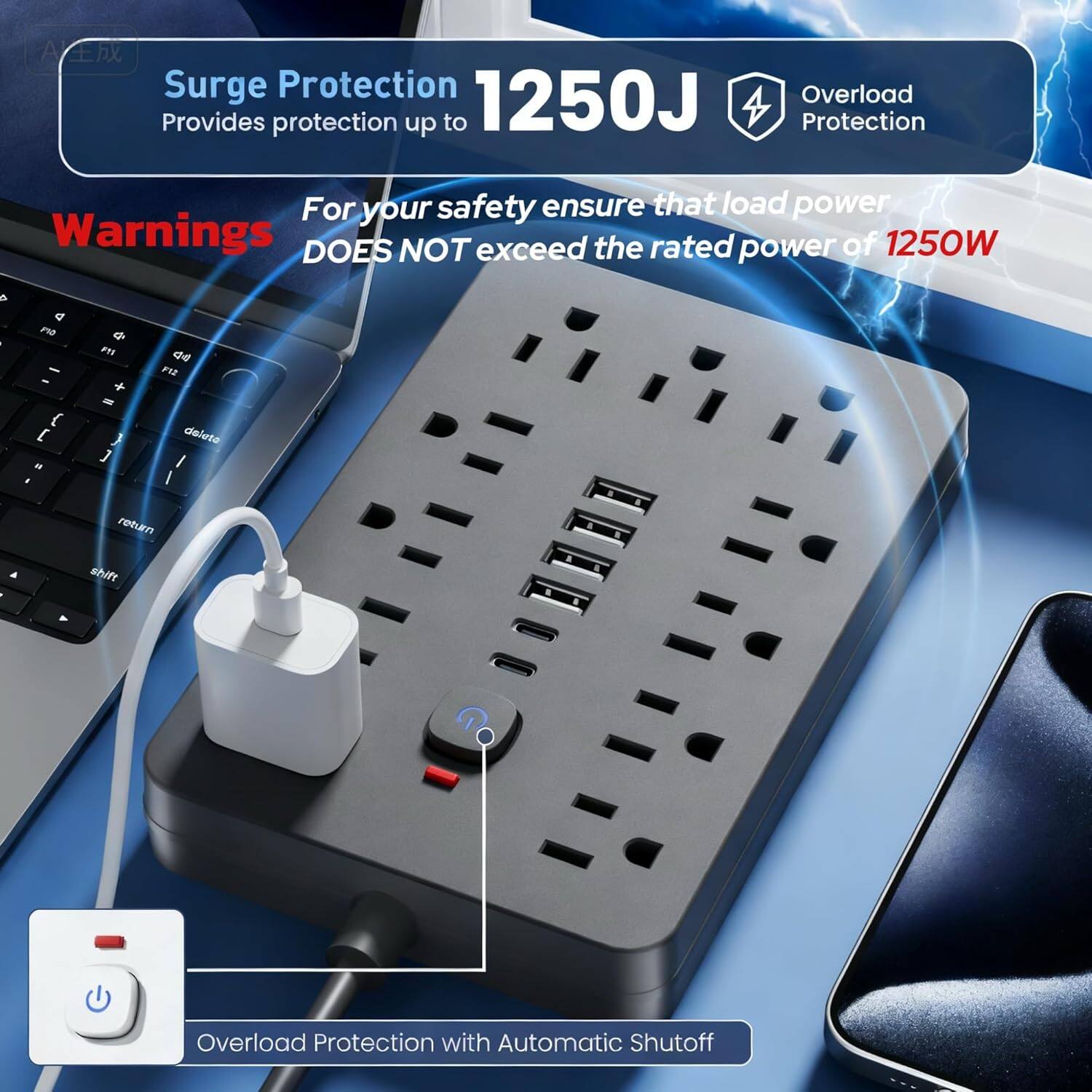 Surge Protection  
Provides protection up to 1250J  

For your safety ensure that load power DOES NOT exceed the rated power of 1250W  

Warnings  

Overload Protection with Automatic Shutoff