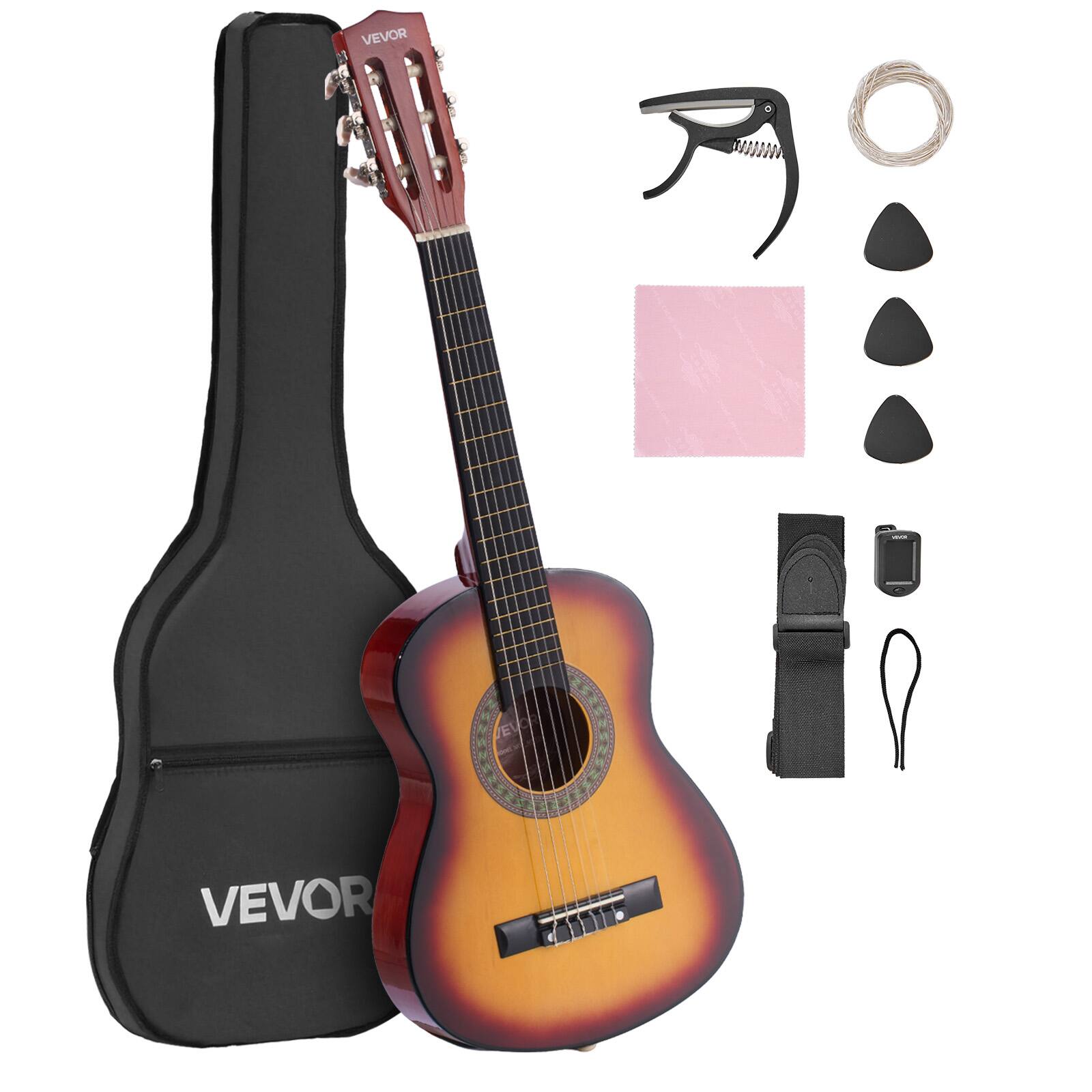 VEVOR - 30-Inch Classical Guitar Starter Kit, Wooden Acoustic Guitar for Beginners with Nylon Strings, Gig Bag, Strap, Tuner - Sunburst