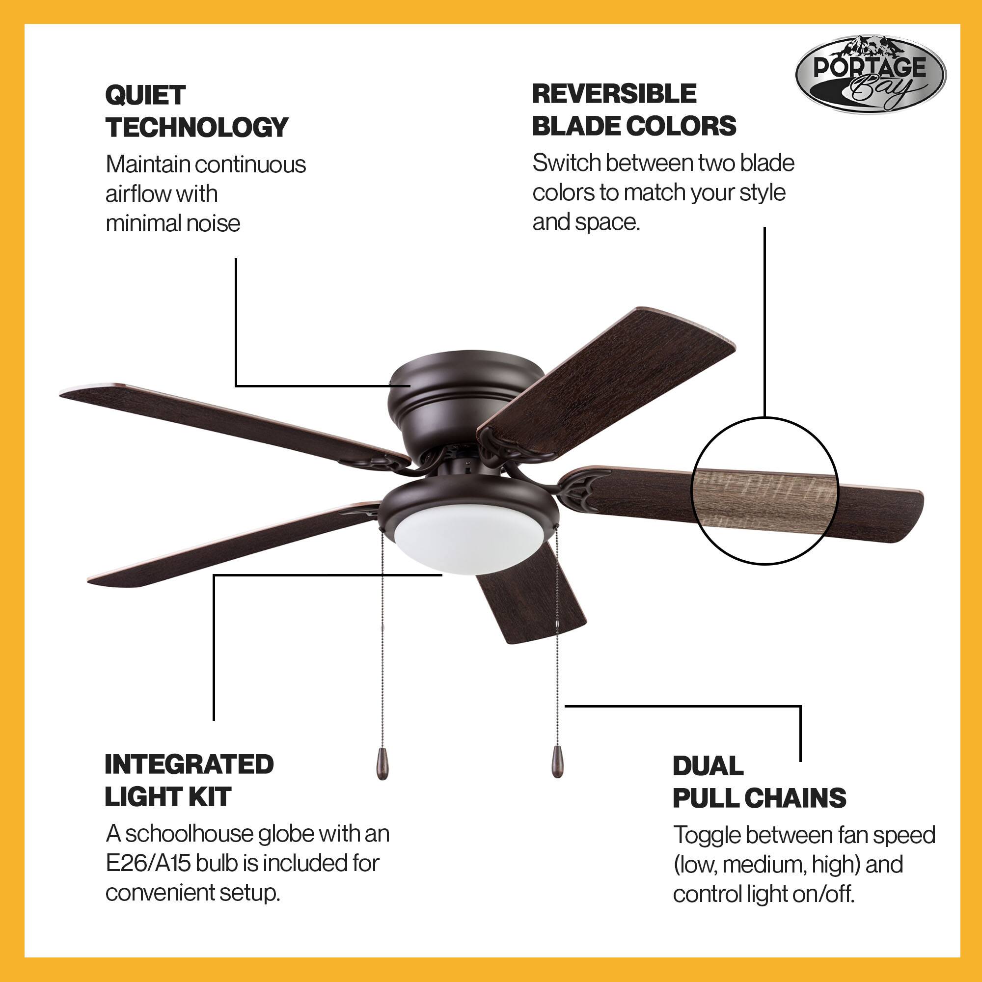 QUIET TECHNOLOGY  
Maintain continuous airflow with minimal noise  

REVERSIBLE BLADE COLORS  
Switch between two blade colors to match your style and space.  

INTEGRATED LIGHT KIT  
A schoolhouse globe with an E26/A15 bulb is included for convenient setup.  

DUAL PULL CHAINS  
Toggle between fan speed (low, medium, high) and control light on/off.
