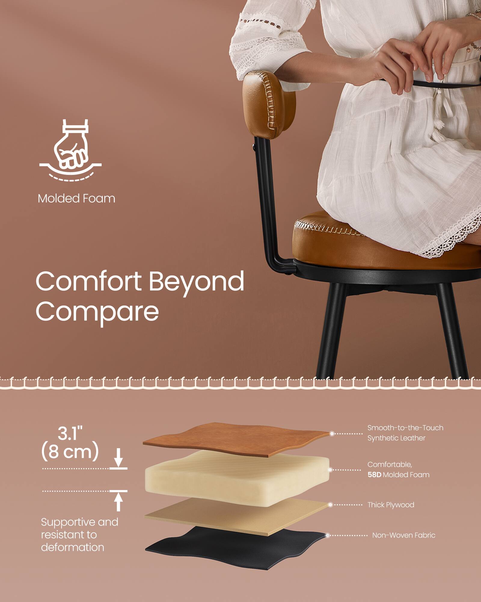 CERESAL Molded Foam Comfort Beyond Compare 3.1" (8 cm) Smooth-to-the-Touch Synthetic Leather Comfortable, 58D Molded Foam Supportive and resistant to deformation Thick Plywood Non-Woven Fabric