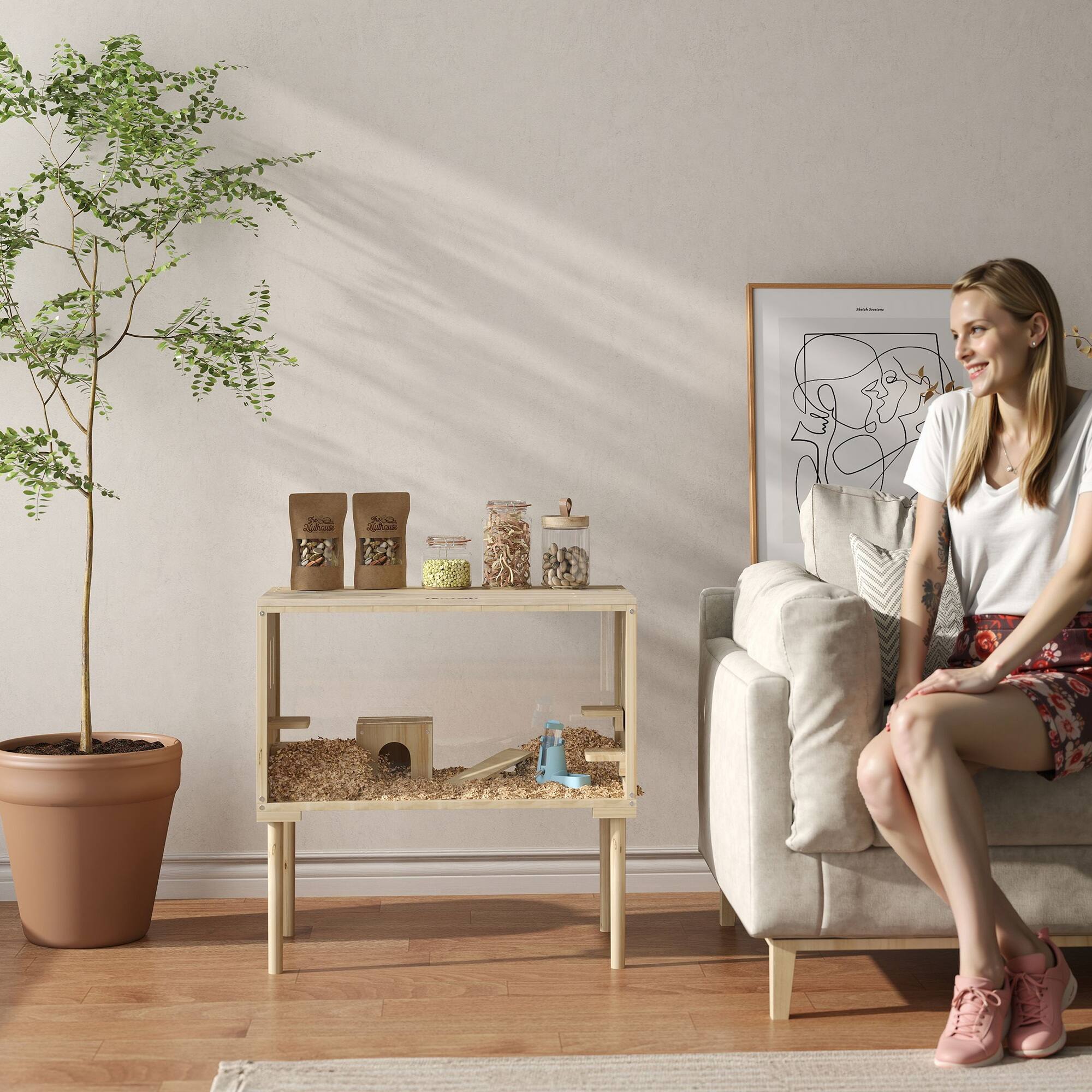 Alt View 5. Pawhut - Wooden Hamster Cage with Legs, Gerbil Cage with Seesaw, Hut, Water Bottle, Food Dish, Syrian, Dwarf, Mouse.