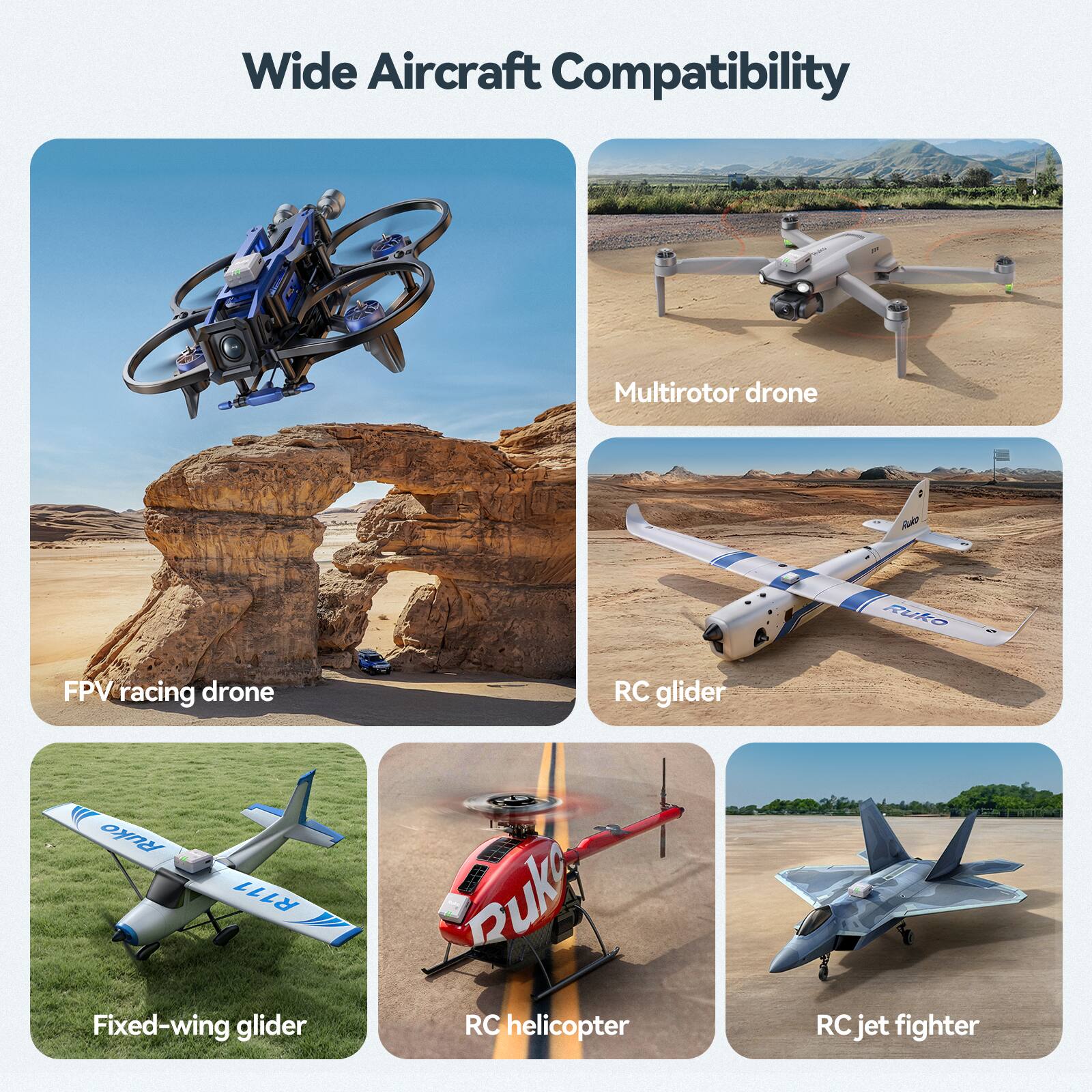 Wide Aircraft Compatibility

- Multirotor drone
- FPV racing drone
- RC glider
- Ruko R111 Fixed-wing glider
- RC helicopter
- RC jet fighter