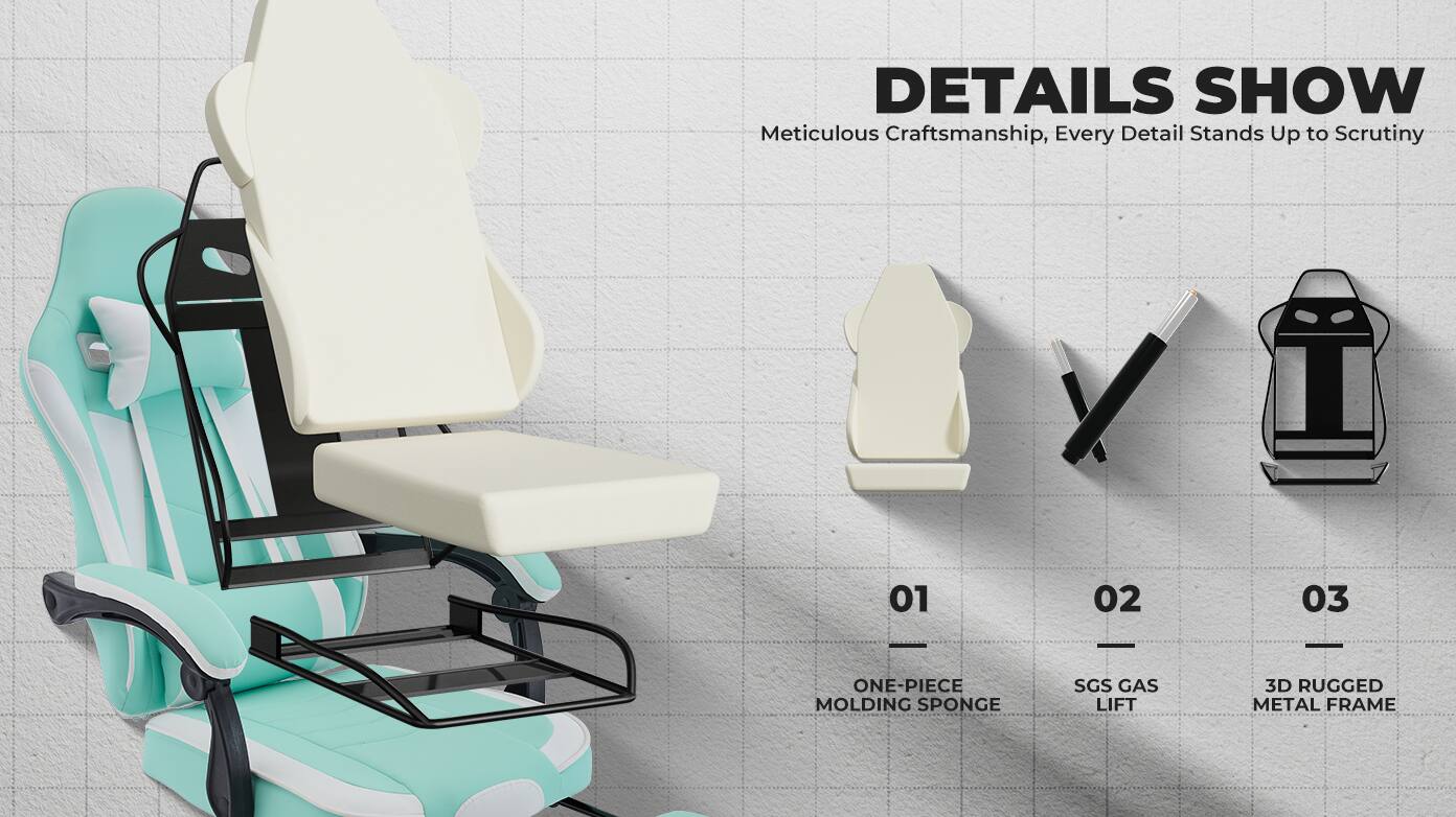 DETAILS SHOW  
Meticulous Craftsmanship, Every Detail Stands Up to Scrutiny  

01 ONE-PIECE MOLDING SPONGE  
02 SGS GAS LIFT  
03 3D RUGGED METAL FRAME