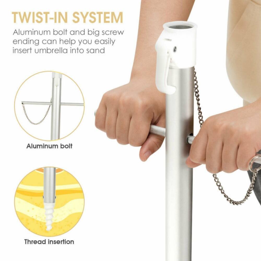 TWIST-IN SYSTEM  
Aluminum bolt and big screw ending can help you easily insert umbrella into sand  

Aluminum bolt  
Thread insertion