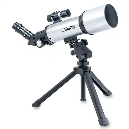 Front. Carson - SkyChaser 70 mm Refractor Beginner Telescope, Tabletop Tripod Included.
