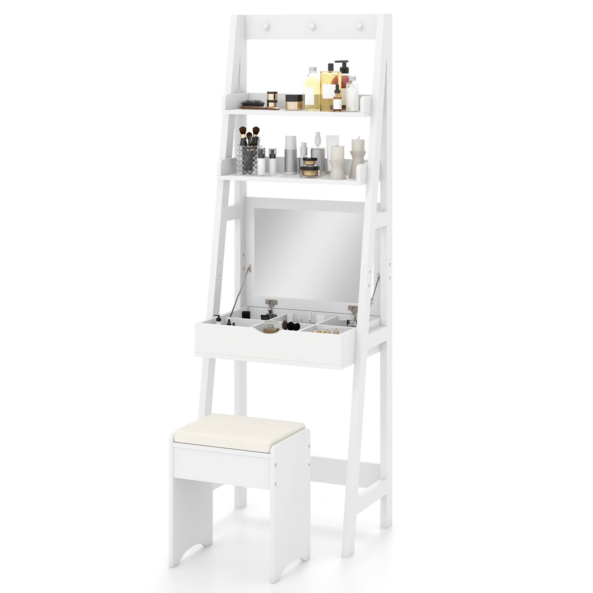 Alt View 9. Gymax - Gymax Vanity Desk w/ Flip-up Mirror and Stool w/ 3-Color Lighting 6 Compartments - White.