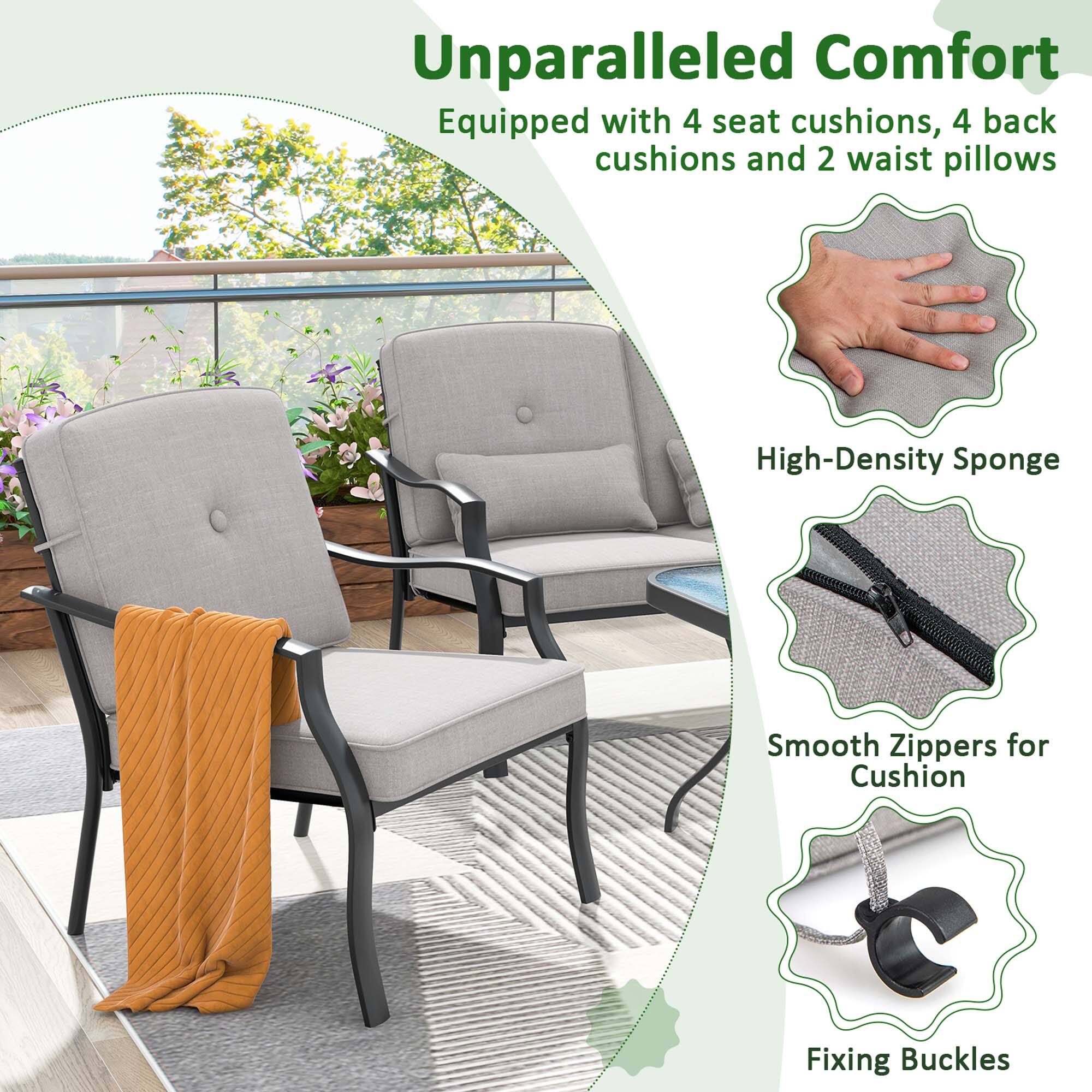 Unparalleled Comfort  
Equipped with 4 seat cushions, 4 back cushions and 2 waist pillows  

High-Density Sponge  
Smooth Zippers for Cushion Fixing  
Fixing Buckles