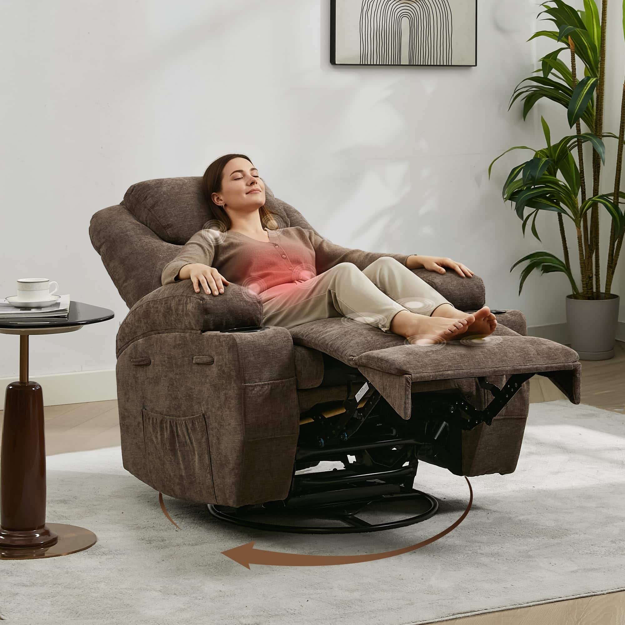 Jojoka - Recliner Chair with Massage & Heat, 360° Swivel Manual Recliner with Cup Holders, Side Pocket - Coffee