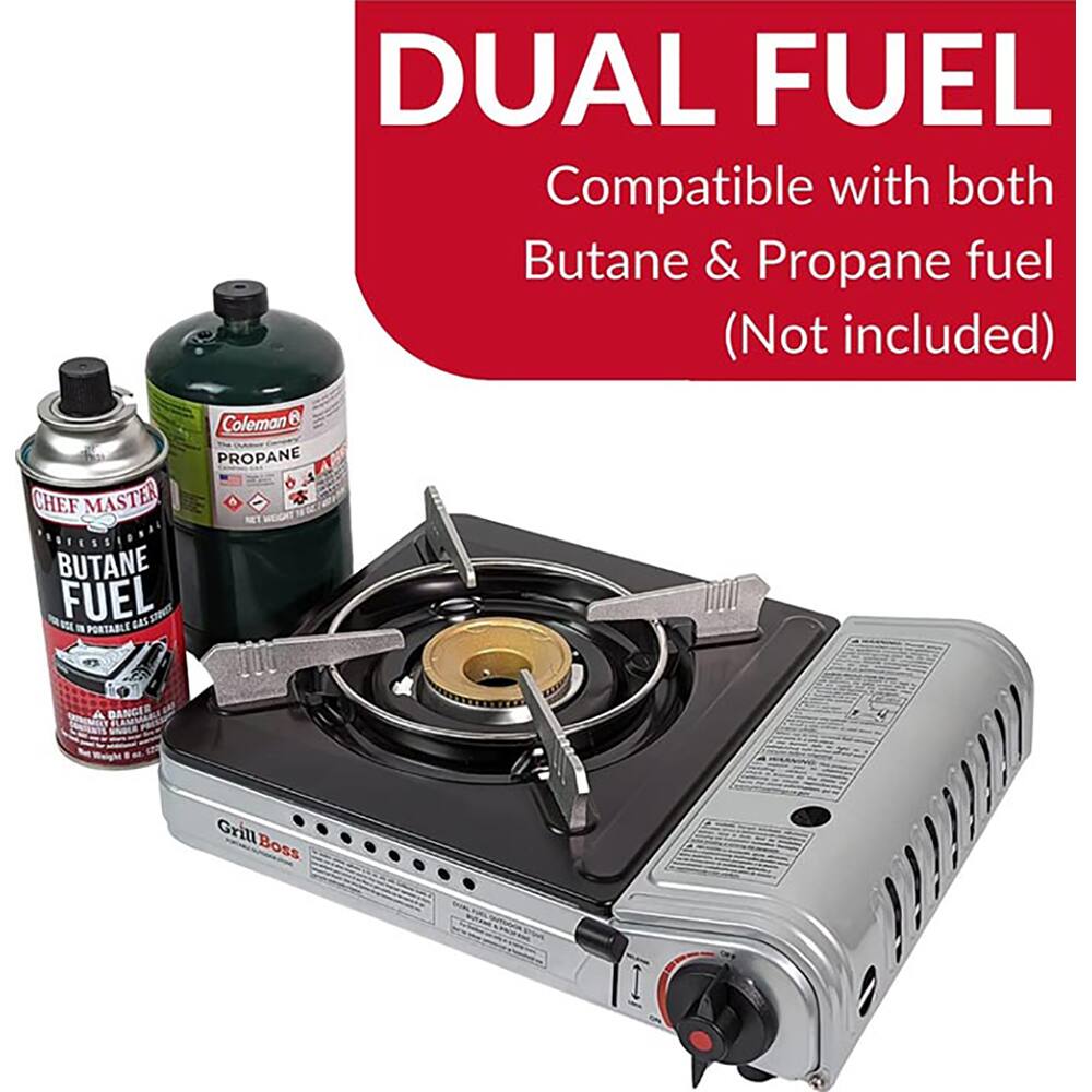 DUAL FUEL  
Compatible with both Butane & Propane fuel (Not included)  

Coleman Propane  
Chef Master Butane Fuel  

Grill Boss