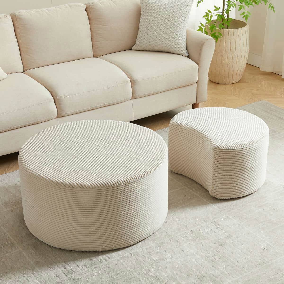 Alt View 9. Kadyn - Nesting Coffee Table Set of 2, Upholstered Round Foam Tables for Living Room, Side/End Table Ottoman, No Assembly - Beige.