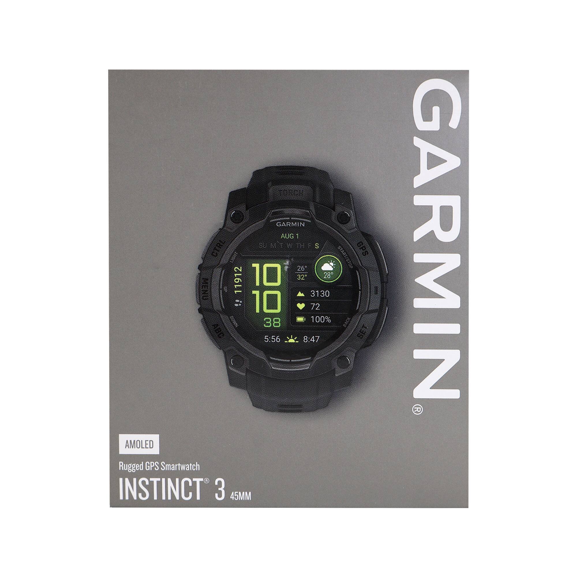 TORCH GARMIN AUG 1 CTRL SUMTWTHFS SU S GPS DNSES 26 AS 11912 10 32 28" MENU g 3130 10 72 DEW 38 100% PACK ABC 5:56 8:47 SET AMOLED Rugged GPS Smartwatch INSTINCT 3 45MM GARMIN
