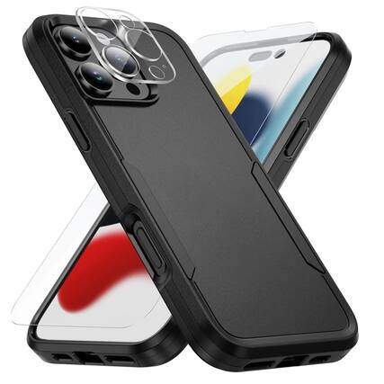 Front. Stock Preferred - Rugged Case for iPhone 17 Pro with Screen Protector & Camera Cover - Black.
