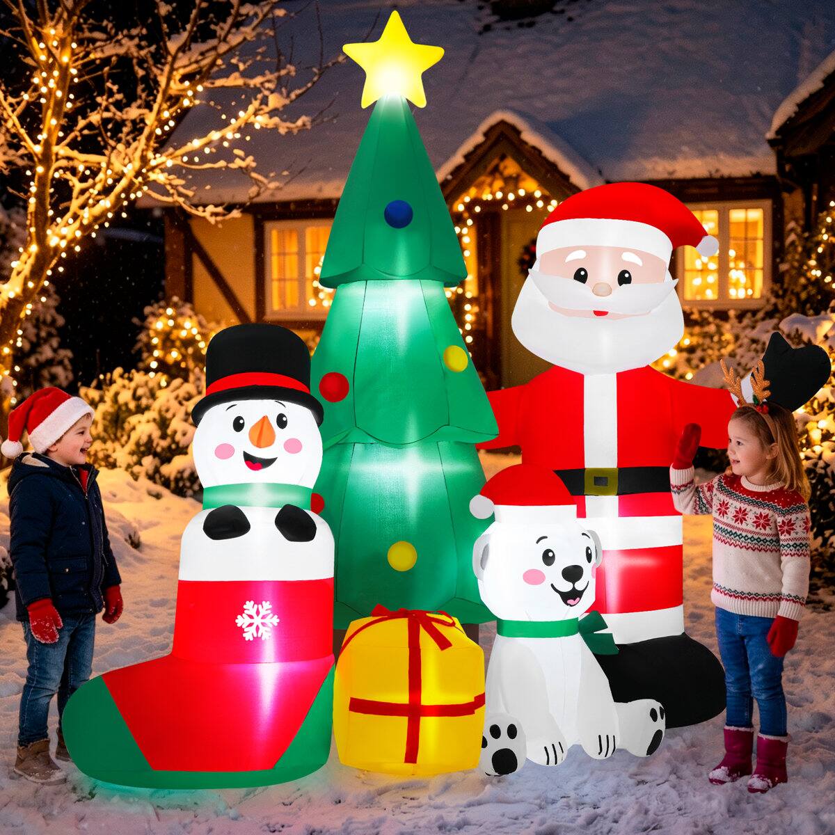 Front. Wisairt - 7FT Christmas Inflatable Santa Claus and Christmas Tree and Snowman Outdoor Yard Decoration with Built-in LED lihgts - Green|White|Red.