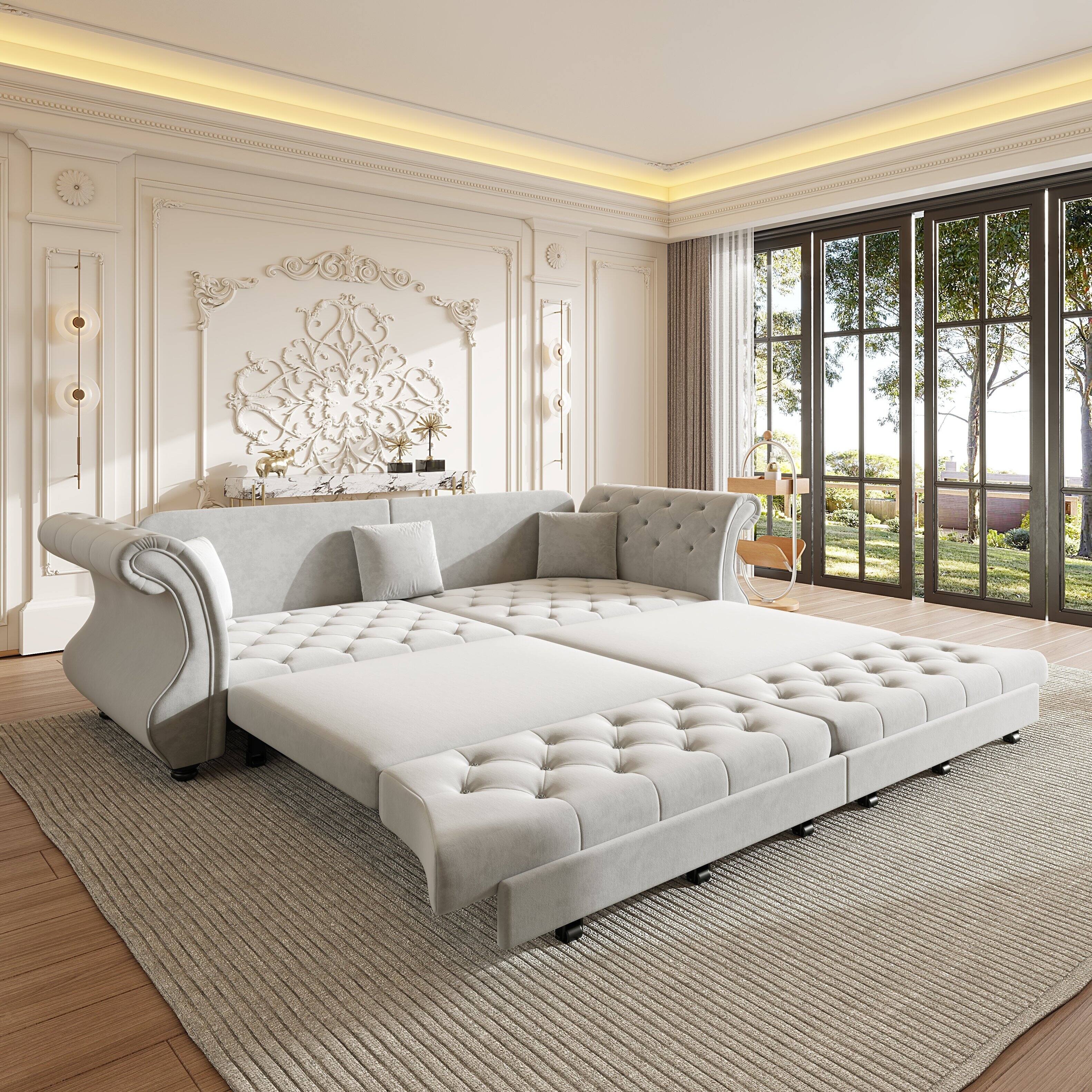 Angle. Anysun - 97.6" Oversized Velvet Chesterfield Pull-Out Sofa Bed - Classic Roll Arm, Flower Tufting for Living Room & Apartment - Gray.