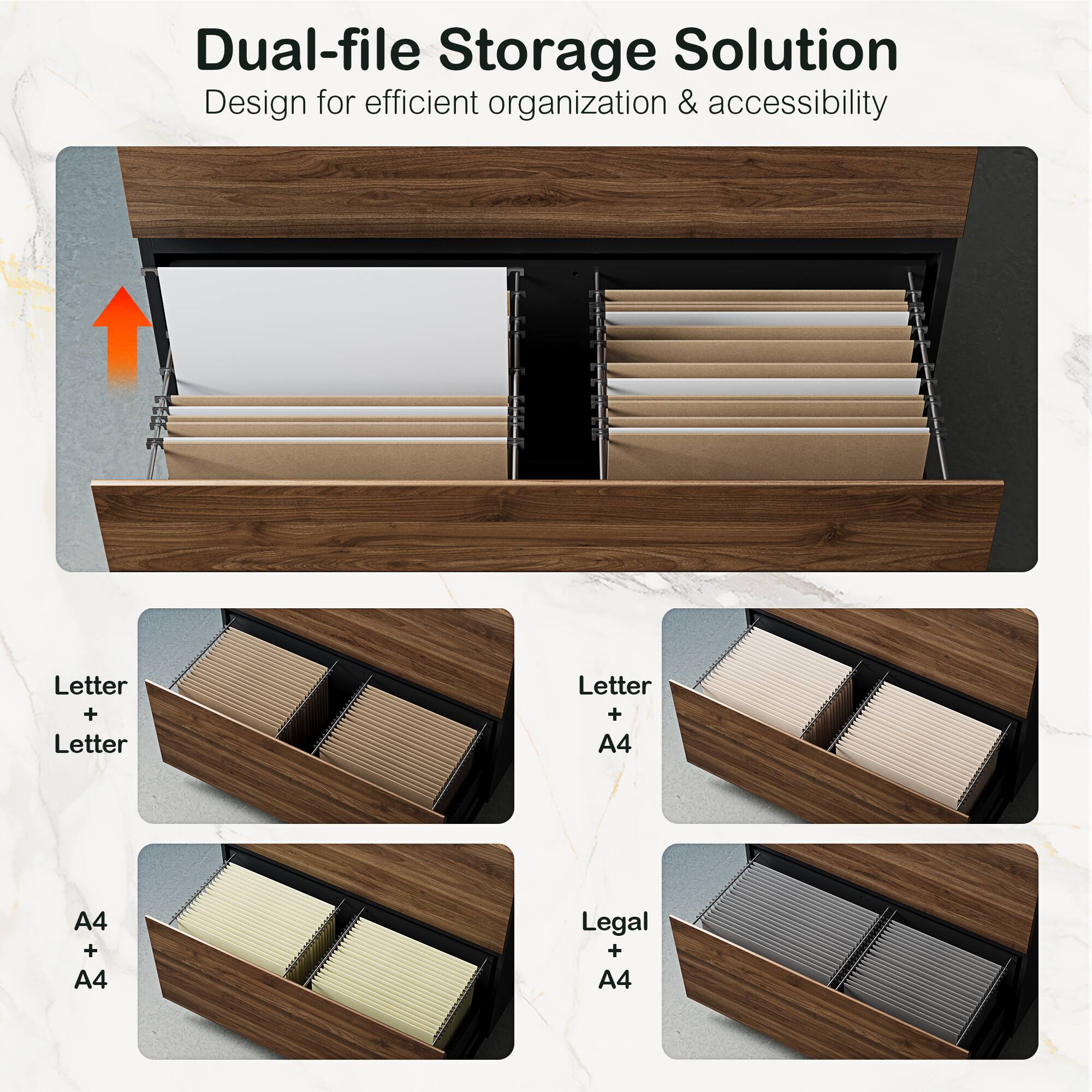 Dual-file Storage Solution  
Design for efficient organization & accessibility  

Letter + Letter  
Letter + A4  
A4 + A4  
Legal + A4