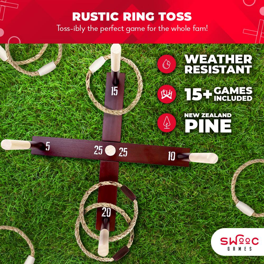 RUSTIC RING TOSS  
Toss-ibly the perfect game for the whole fam!

WEATHER RESISTANT  
15+ GAMES INCLUDED  
NEW ZEALAND PINE  

SWOEC GAMES