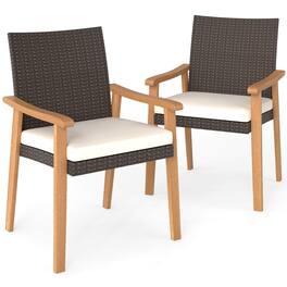 Costway - Patio Dining Chair Set of 2 with Cushion Wood Armrests Metal Frame for Garden - Mixed Brown,Natural