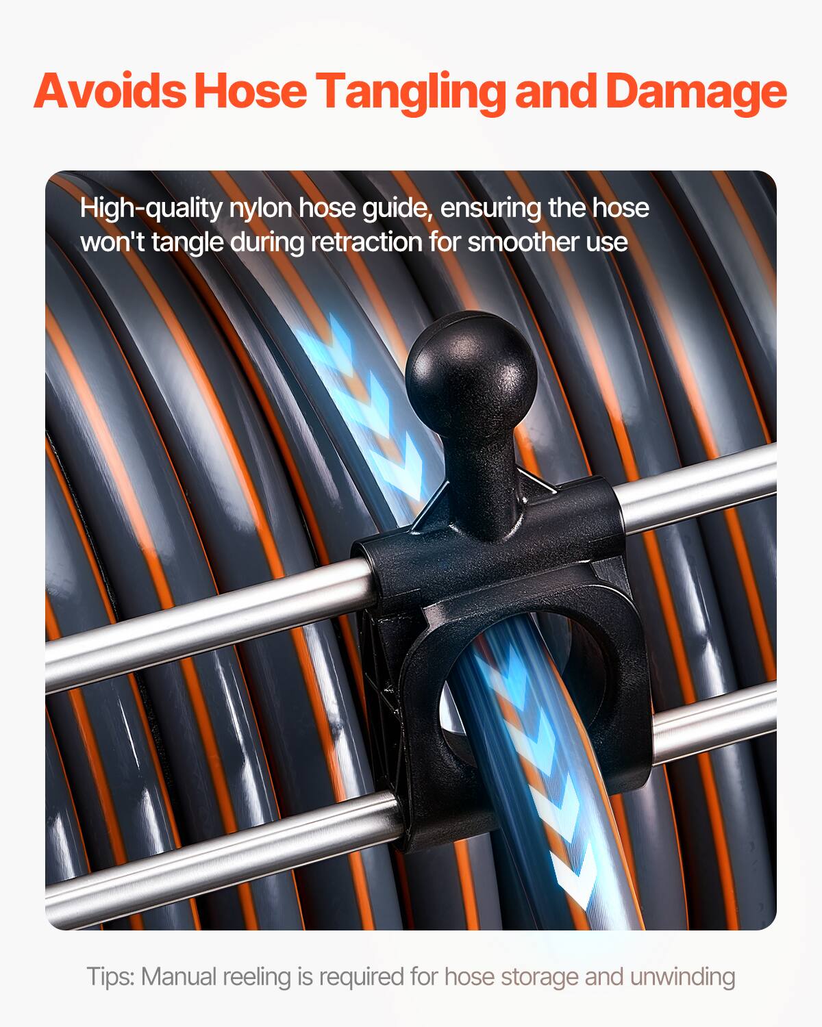 Avoids Hose Tangling and Damage

High-quality nylon hose guide, ensuring the hose won't tangle during retraction for smoother use

Tips: Manual reeling is required for hose storage and unwinding