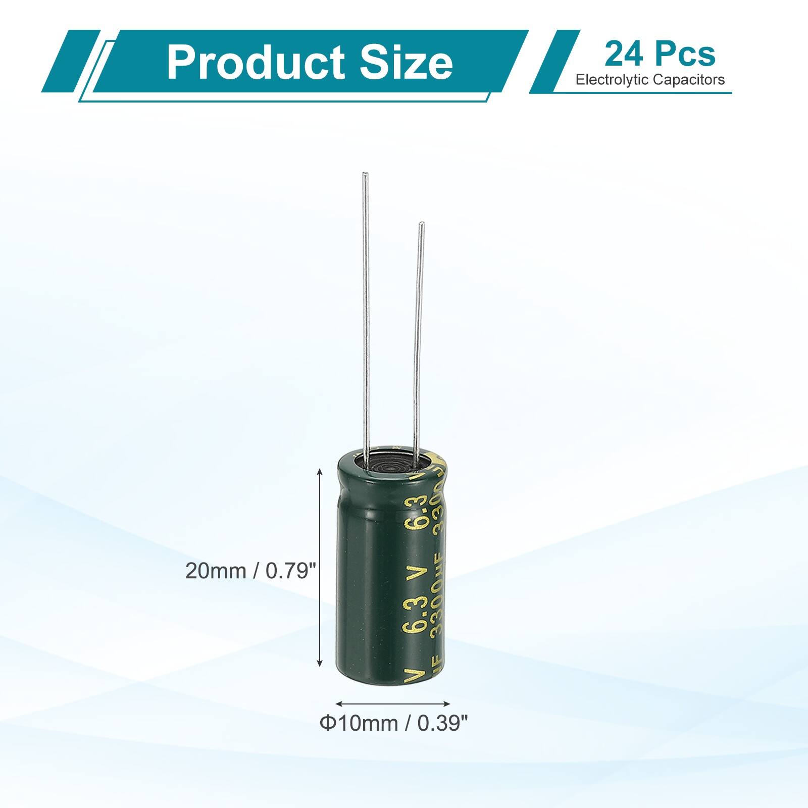 Product Size: 24 Pcs Electrolytic Capacitors  
20mm / 0.79"  
6.3V 3300F  
10mm / 0.39"