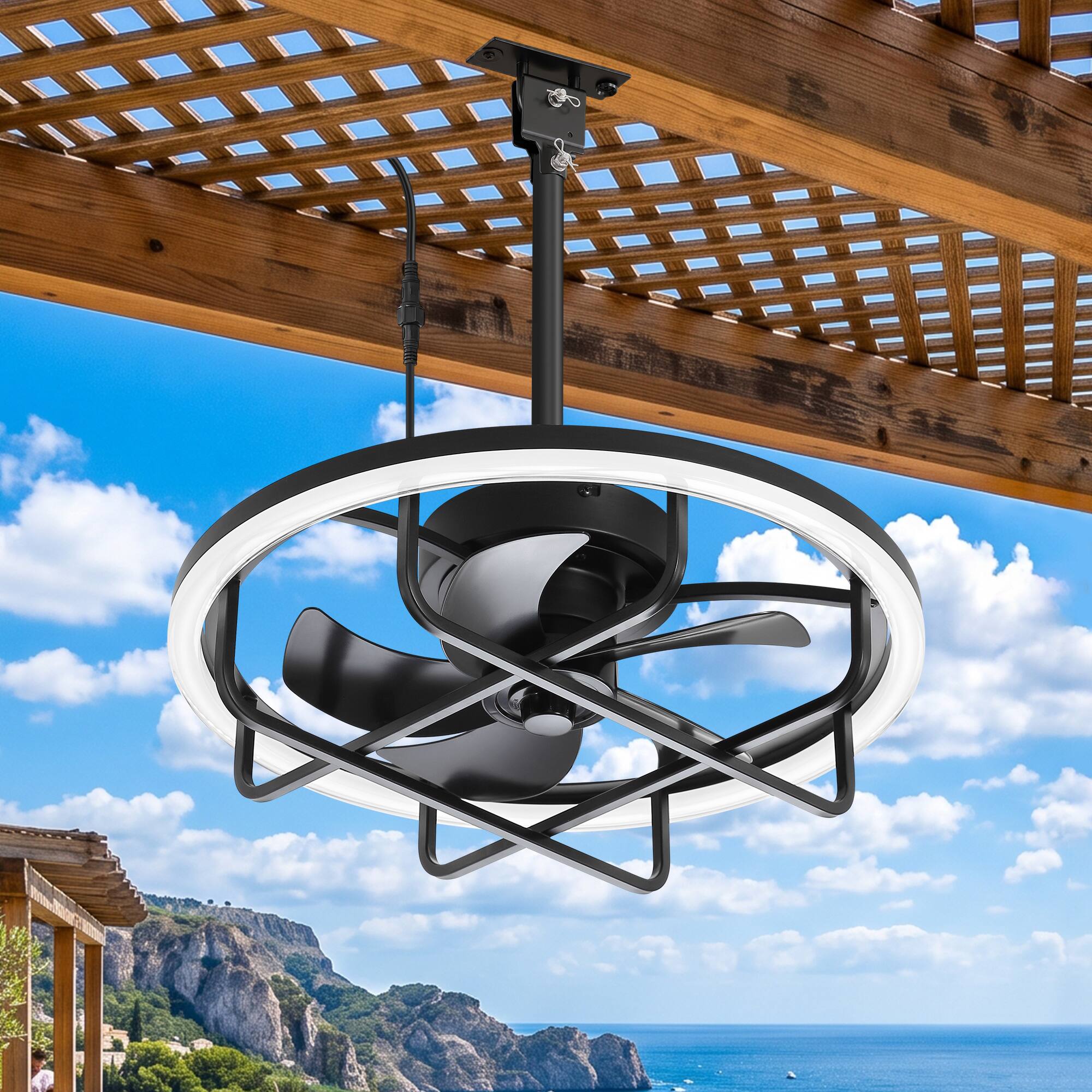 Front. Breezary - 20-Inch Waterproof LED Ceiling Fan with Light, ABS Blades, DC Motor, Remote Control, 6 Speeds & 2H Timer - Black.