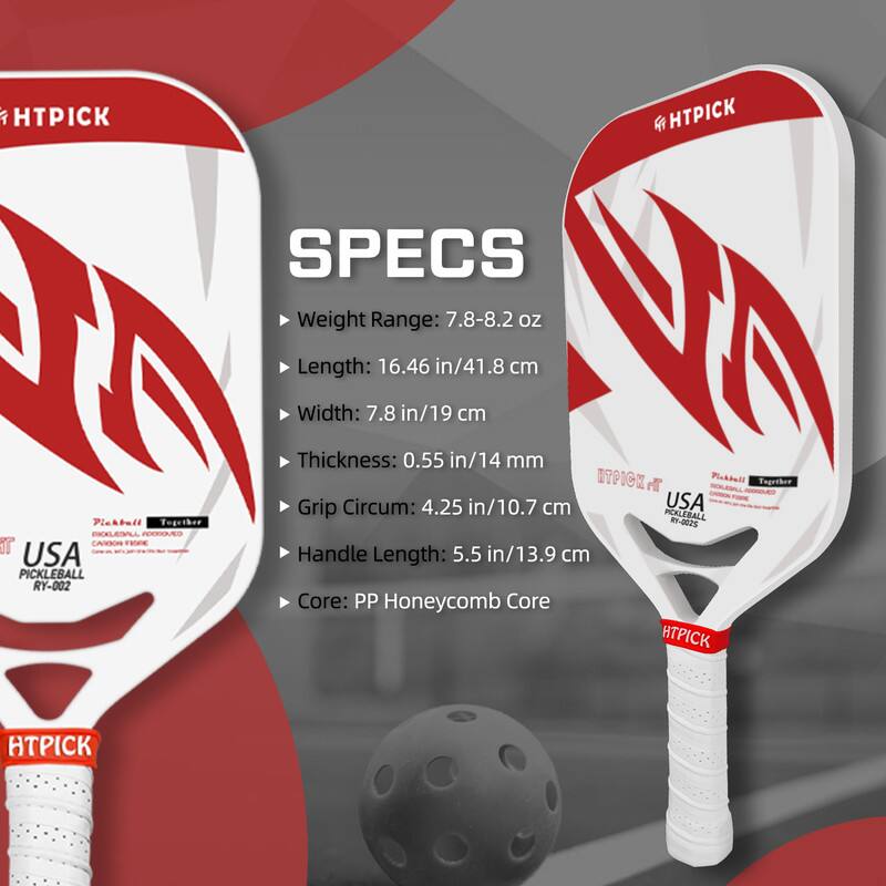 Sure, here is the corrected and grouped text:

---

**HTPICK**

**SPECS**

- Weight Range: 7.8-8.2 oz
- Length: 16.46 in/41.8 cm
- Width: 7.8 in/19 cm
- Thickness: 0.55 in/14 mm
- Grip Circum: 4.25 in/10.7 cm
- Handle Length: 5.5 in/13.9 cm
- Core: PP Honeycomb Core

**USA PICKLEBALL RY-002**

**Pickleball Together**

**HTPICK**

---