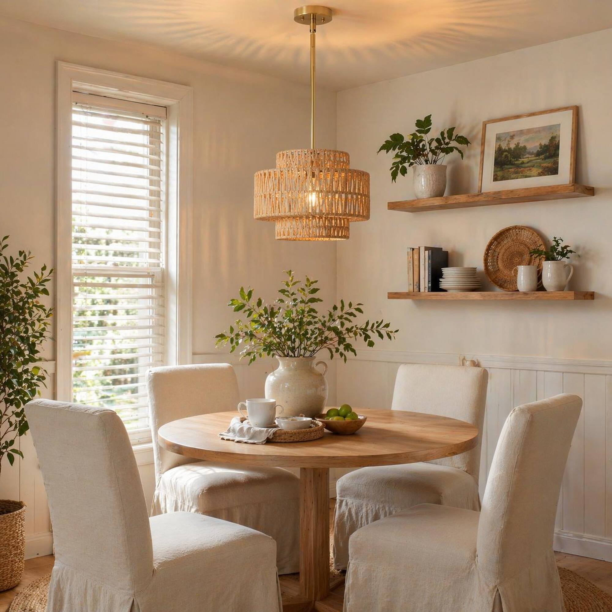 Alt View 1. RYHNUYNE - 12.6 Inch Boho Farmhouse Rustic Rattan Chandelier, 1-Light Hand Woven Pendant Light Natural Woven Hanging Lamp.
