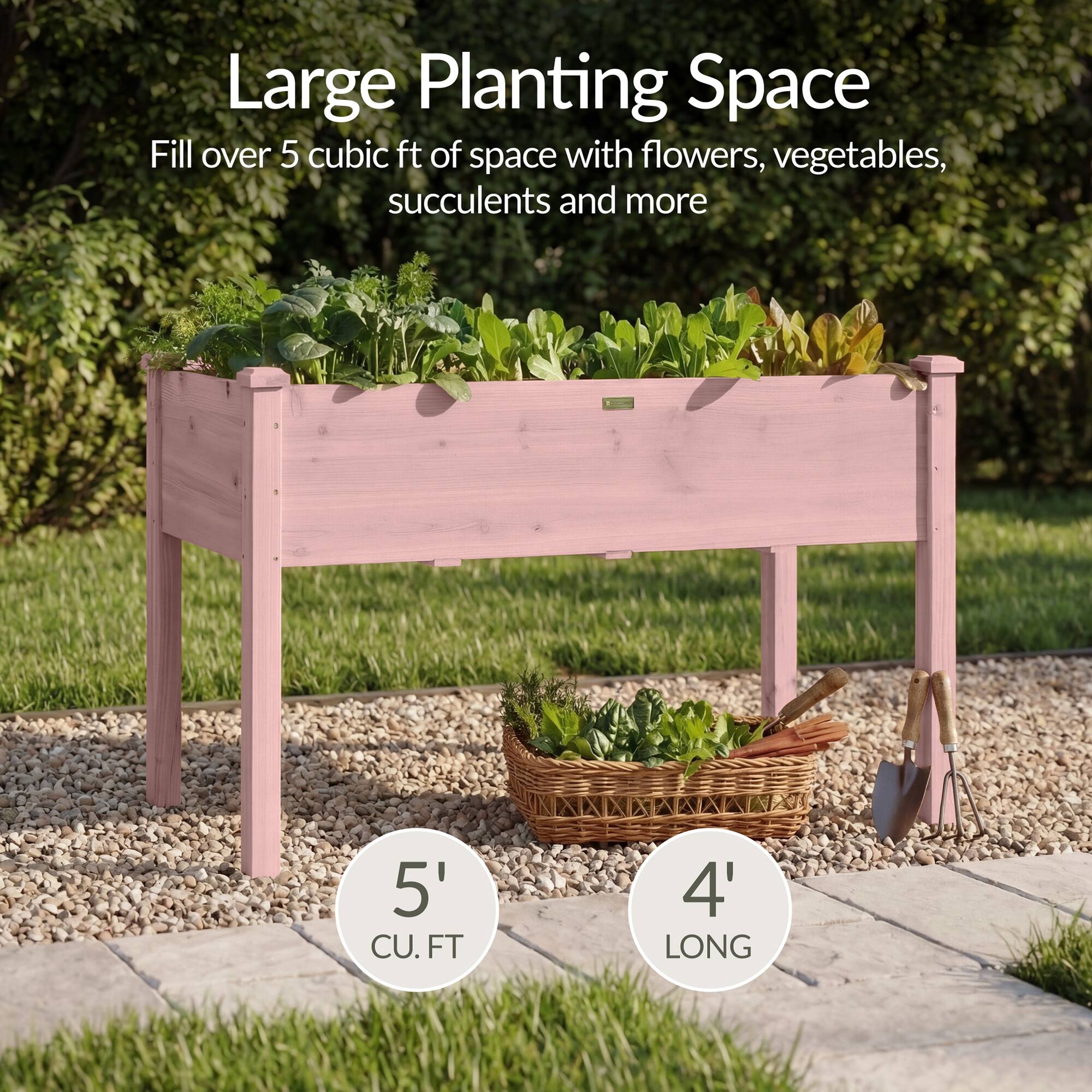 Large Planting Space  
Fill over 5 cubic ft of space with flowers, vegetables, succulents and more  
5' CU.FT  
4' LONG