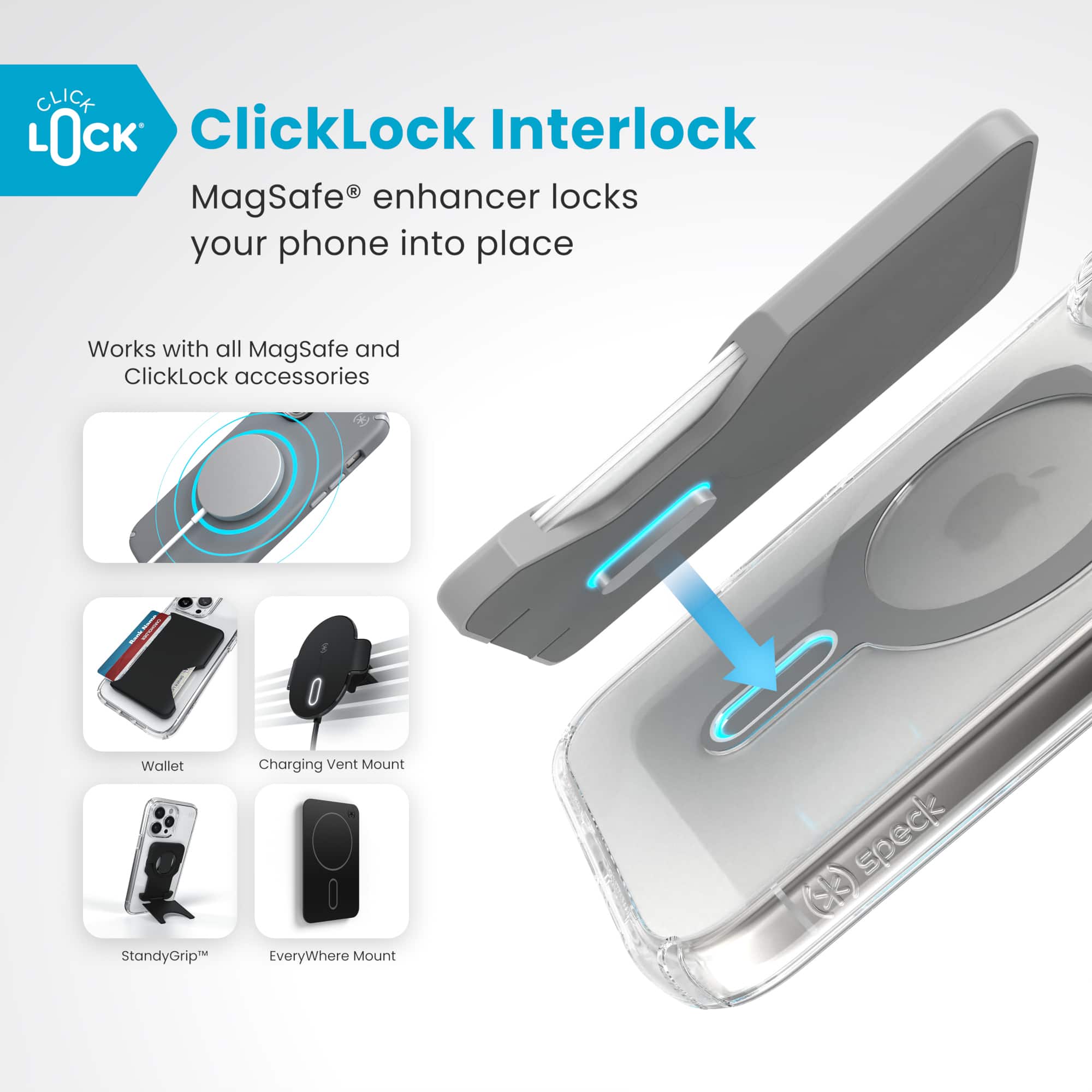 ClickLock Interlock MagSafe enhancer locks your phone into place. It works with all MagSafe and ClickLock accessories, including wallet, standy grip, charging vent mount, and everywhere mount.