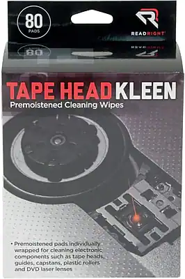 80 PADS
READRIGHT
TAPE HEAD KLEEN
Premoistened Cleaning Wipes
Premoistened pads individually wrapped for cleaning electronic components such as tape heads, guides, capstans, plastic rollers, and DVD laser lenses