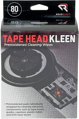 80 PADS  
READRIGHT  
TAPE HEAD KLEEN  
Premoistened Cleaning Wipes  

Premoistened pads individually wrapped for cleaning electronic components such as tape heads, guides, capstans, plastic rollers, and DVD laser lenses