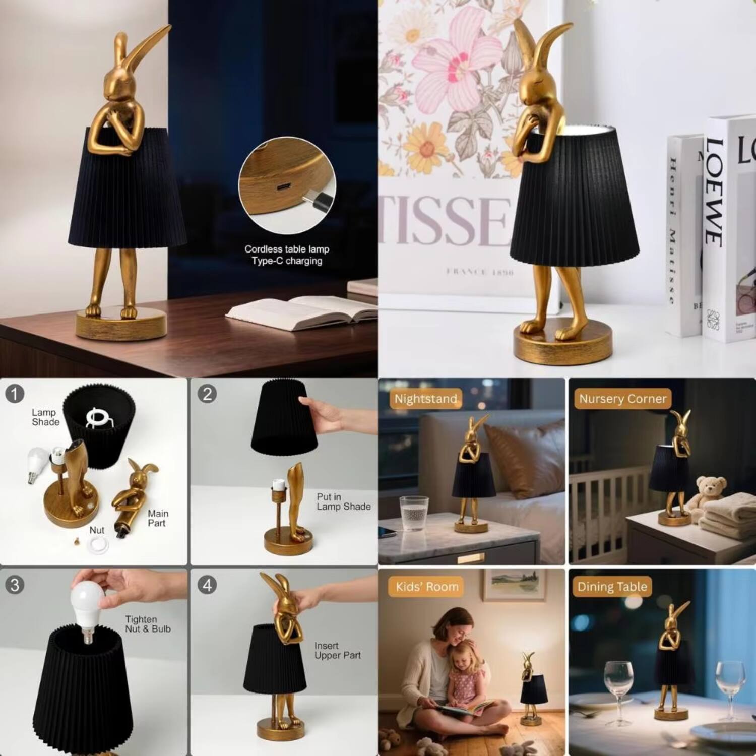 Cordless table lamp  
Type-C charging  

1. Lamp Shade  
2. Put in Lamp Shade  
3. Tighten Nut & Bulb  
4. Insert Upper Part  

Nightstand  
Nursery Corner  
Kids' Room  
Dining Table  

TISSE FRASCE  
18Se Henri Matisse  
N LOEWE