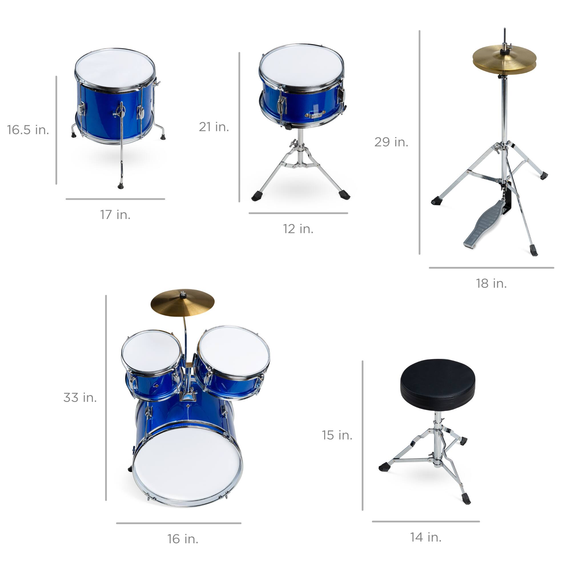 Here are the measurements grouped according to the image:

- **Snare Drum:**
  - Diameter: 16.5 in.
  - Height: 17 in.

- **Tom Drum:**
  - Diameter: 21 in.
  - Height: 12 in.

- **Cymbal Stand:**
  - Height: 29 in.

- **Cymbal:**
  - Height: 18 in.

- **Drum Set:**
  - Height: 33 in.
  - Diameter: 16 in.

- **Drum Stool:**
  - Height: 15 in.
  - Seat Diameter: 14 in.