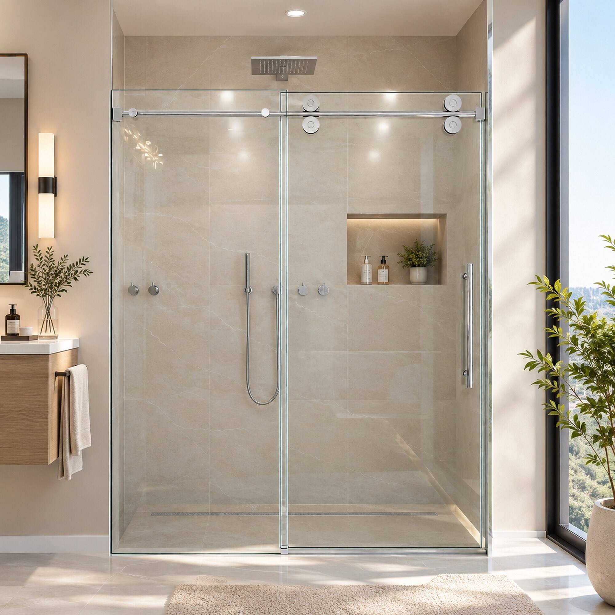 Alt View 4. RYHNUYNE - 44-48 In W X 76 In H Frameless Single Sliding Shower Door, 5/16 In Clear Tempered Glass Chrome Finish - Chrome.