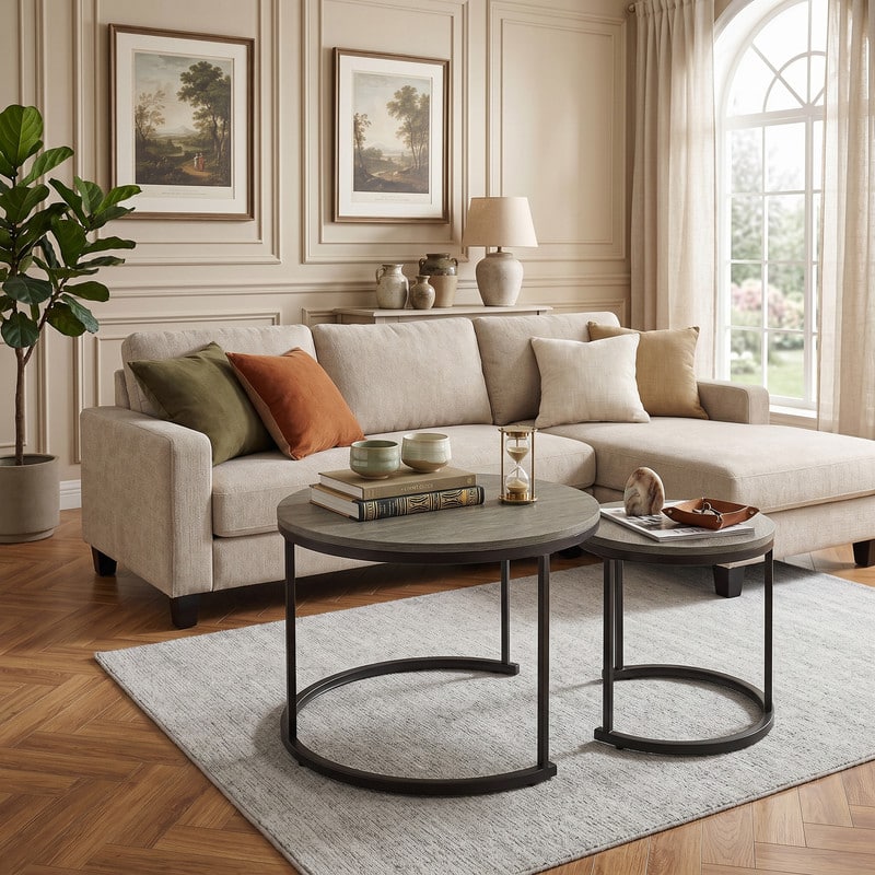 WELLFOR - Nesting Coffee Table Set of 2, Round Nesting Tables for Small Place, End Side Tables with Metal Frame - Oak